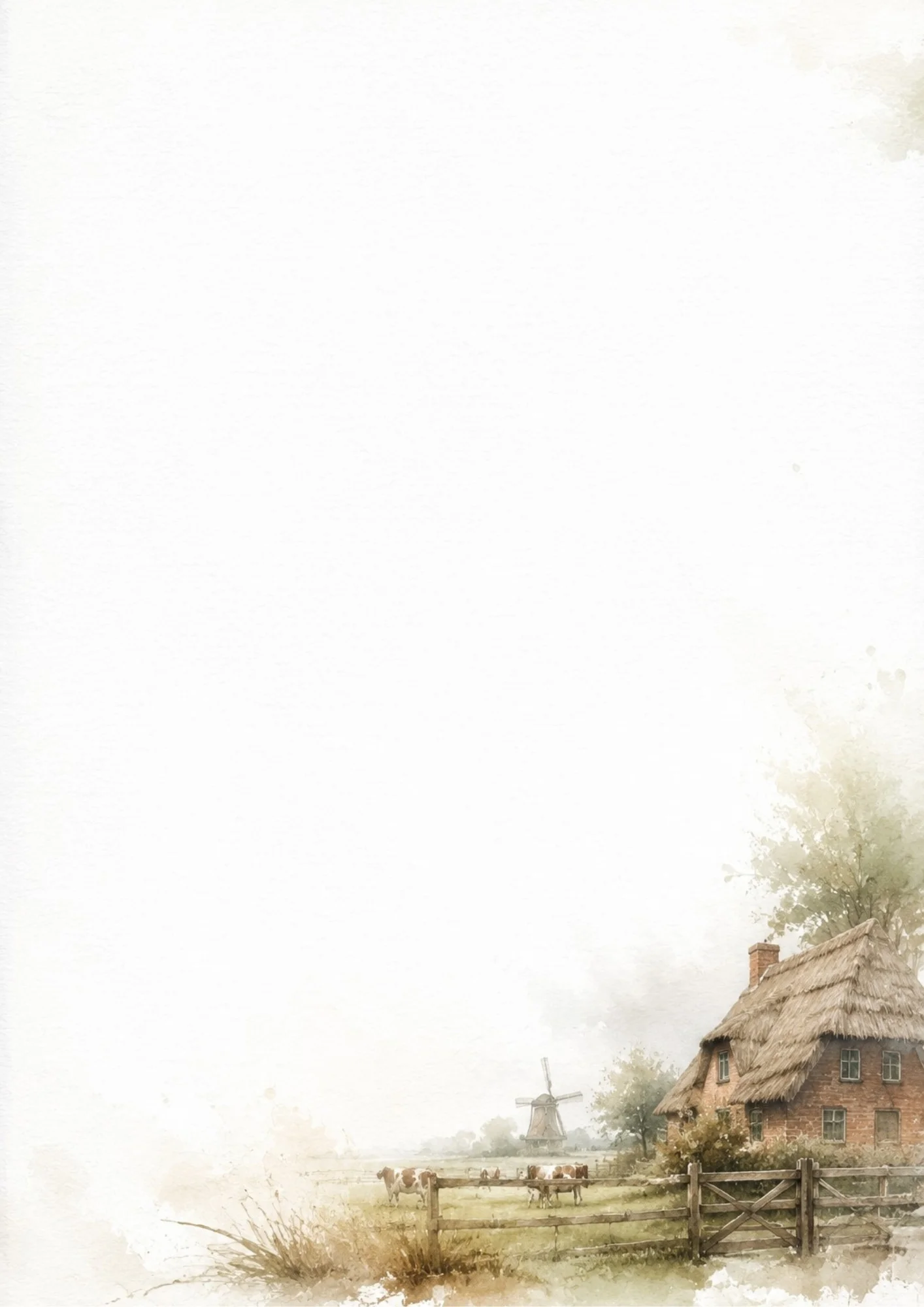 Watercolor painting of a brick cottage with a thatched roof, located next to a wooden fence enclosing a field with grazing cows, with a windmill in the far distance.