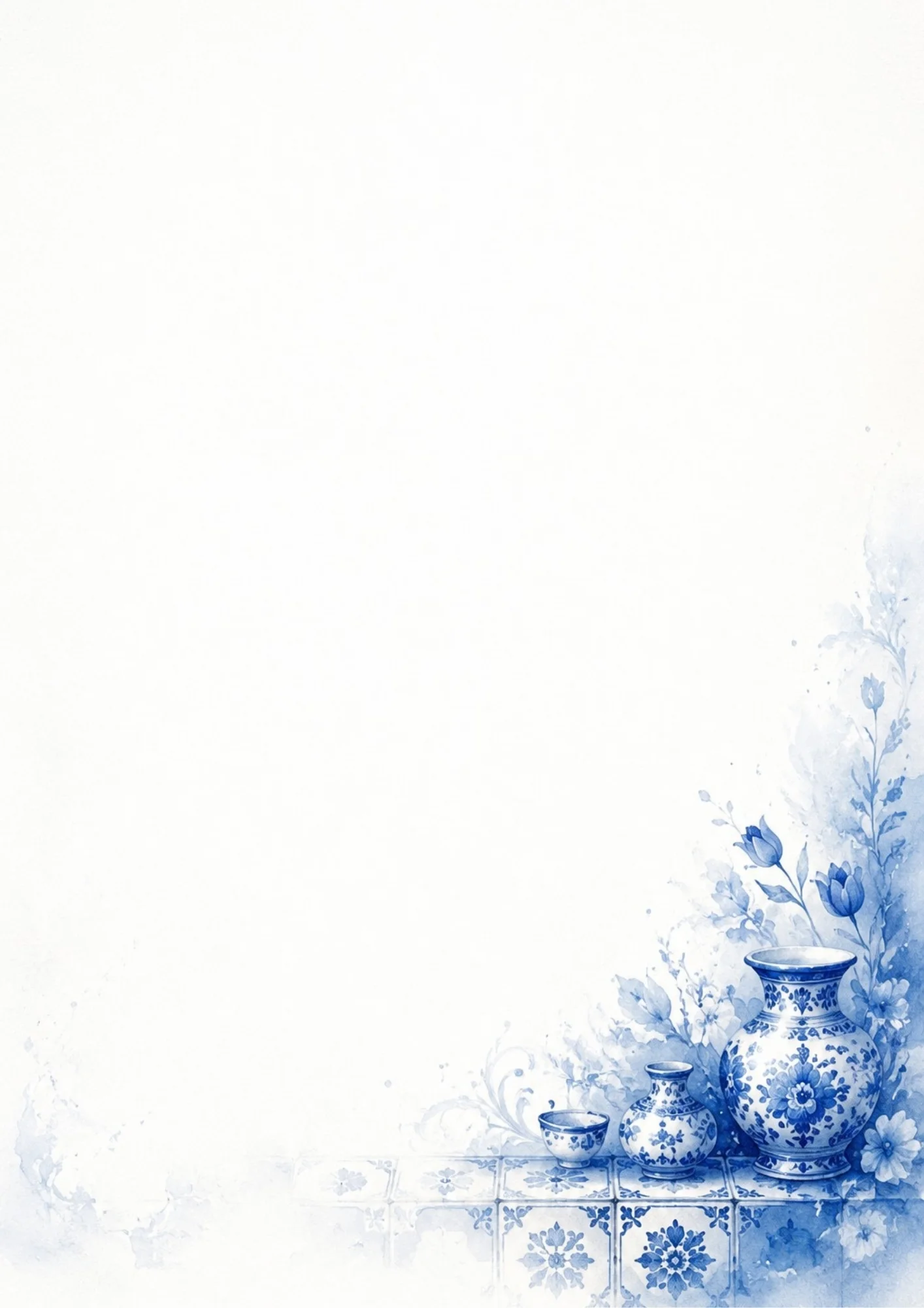 Watercolor painting of blue and white Delftware vases and a small cup on decorative blue patterned tiles, with blue watercolor tulips in the background corner.