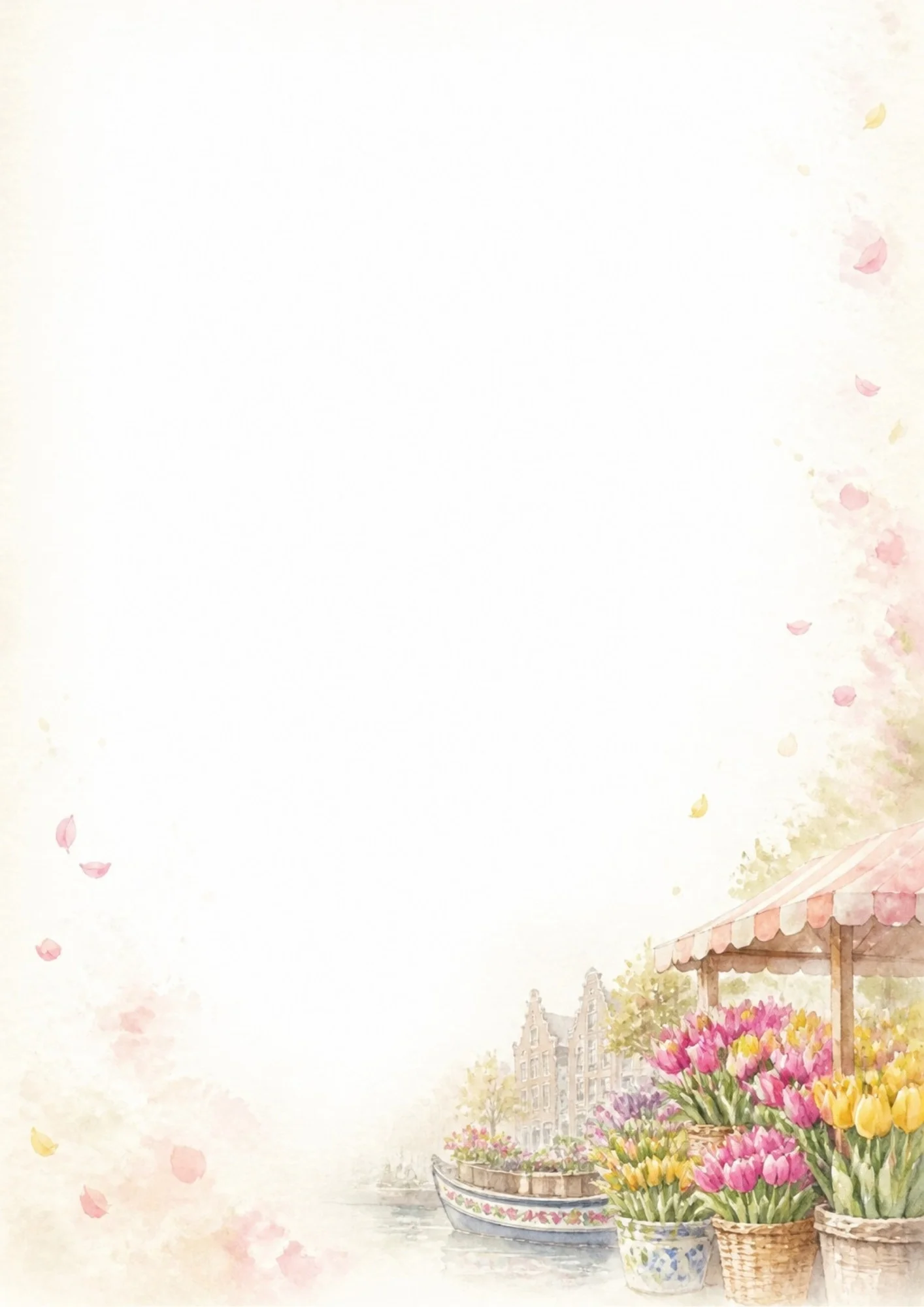 Watercolor painting of a floating flower market with baskets of pink, yellow, and red tulips under a striped awning, next to a boat filled with flowers on a canal.