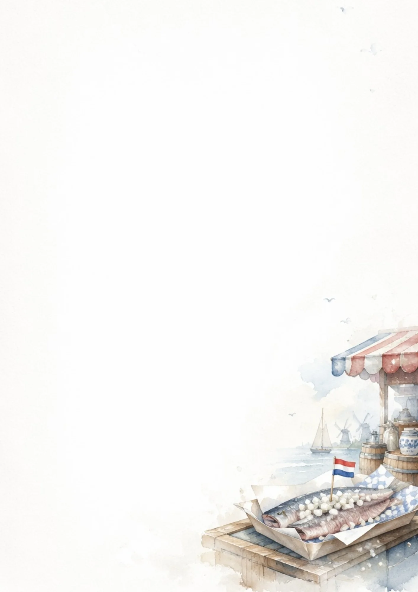 Watercolor painting of salted herring fillets topped with diced onions in a paper tray with a Dutch flag, placed on a wooden counter next to a market stand overlooking a canal with a sailboat.