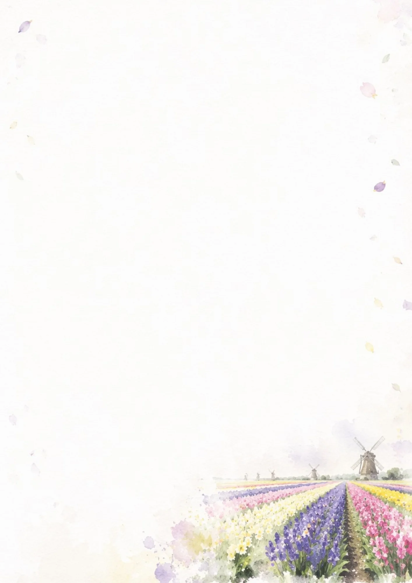 Watercolor painting of fields of colorful hyacinths in purple, white, yellow, and pink, leading towards a windmill in the distance under a pale sky with soft petals.