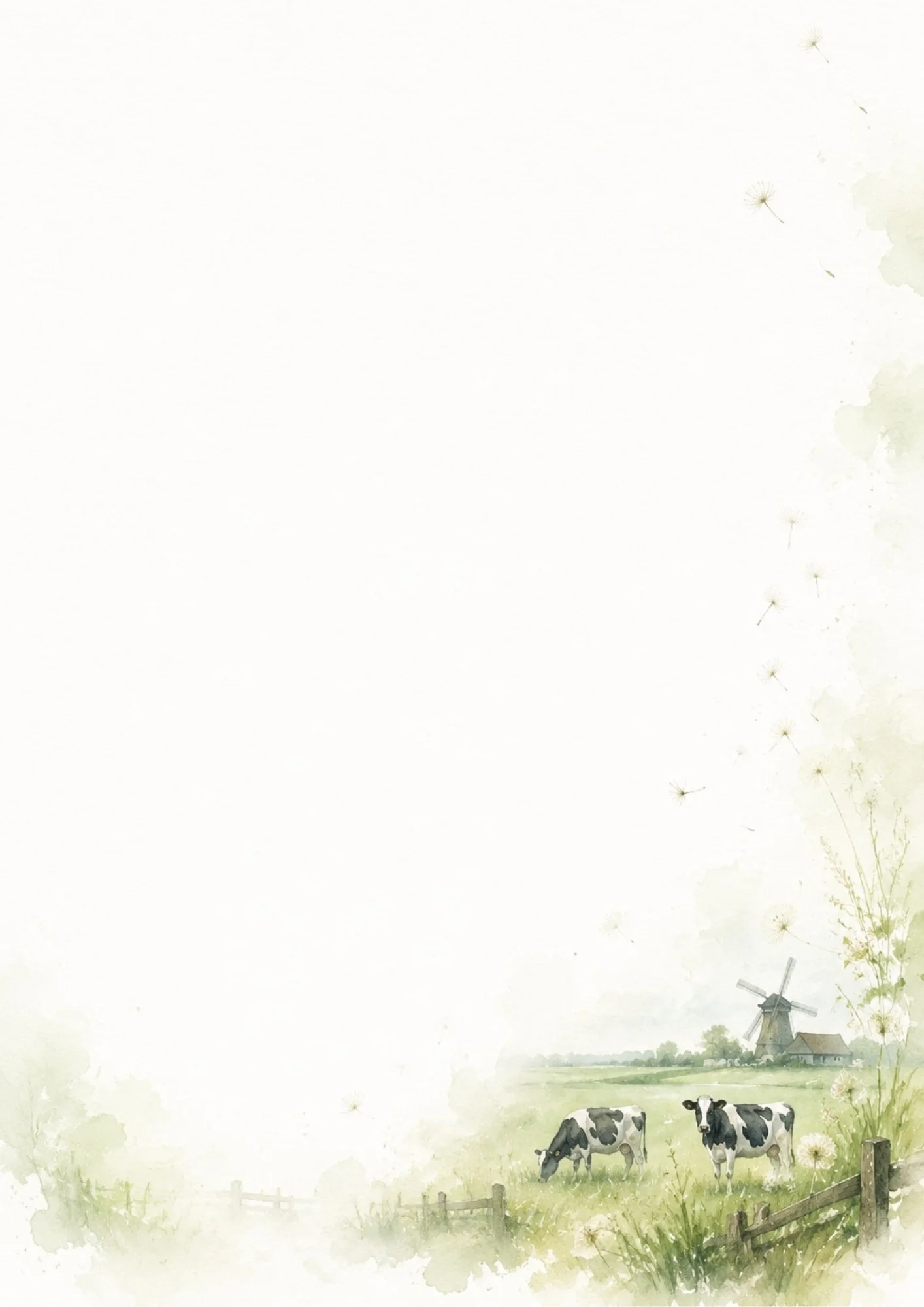 Watercolor painting of two black and white cows grazing in a green pasture behind a low fence, with a windmill in the distance and dandelion seeds floating in the air.