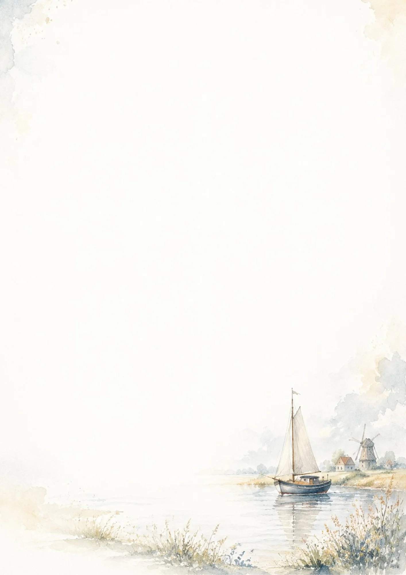 Watercolor painting of a sailboat with white sails gliding on calm water, with a grassy shoreline, a cottage, and a windmill in the background.