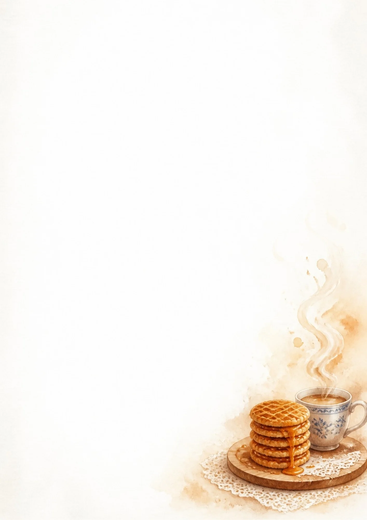Watercolor painting of a stack of stroopwafels with caramel syrup dripping down on a wooden plate, placed next to a steaming porcelain cup of coffee on a white lace doily.