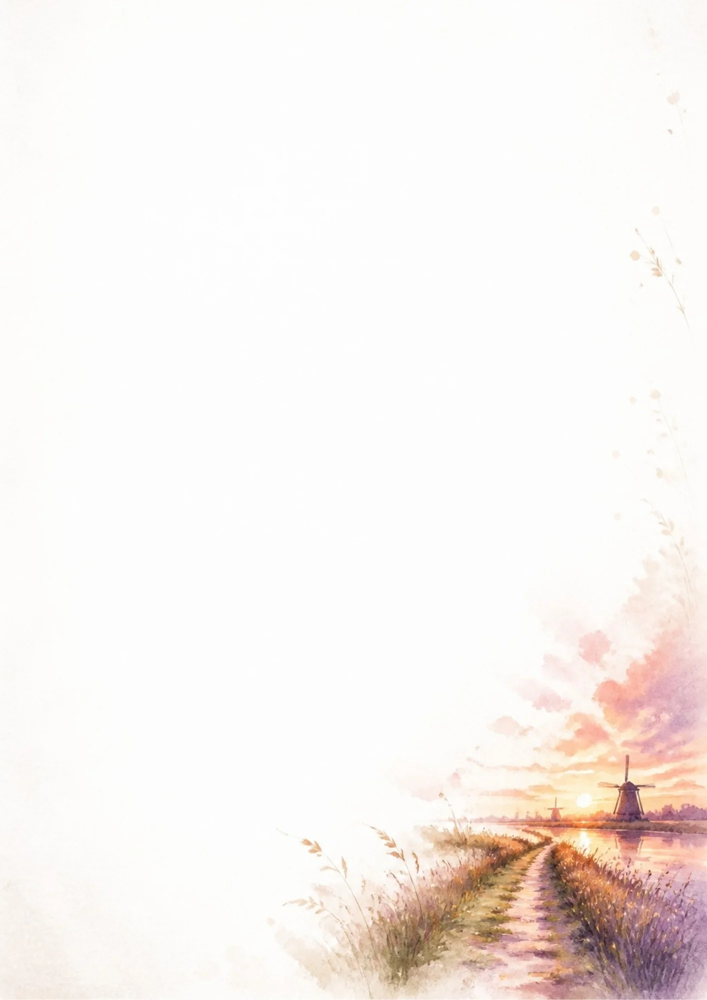 Watercolor painting of a dirt path leading alongside a canal toward a windmill under a orange and purple sunset sky.