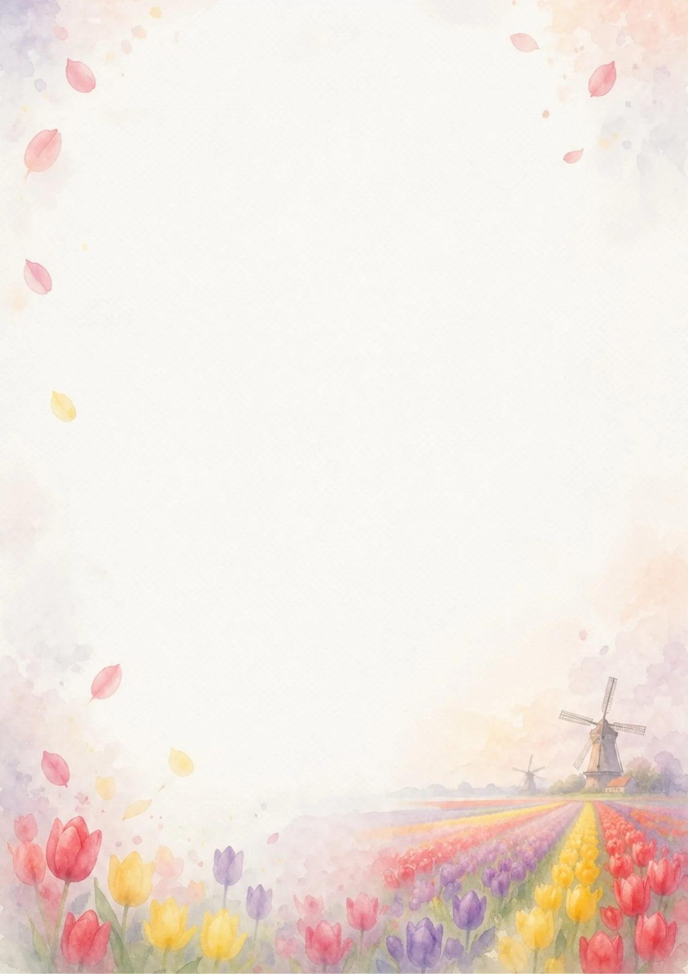 Watercolor painting of colorful tulip fields in pink, yellow, purple, and red, leading towards a windmill under a soft pastel sky with floating flower petals.