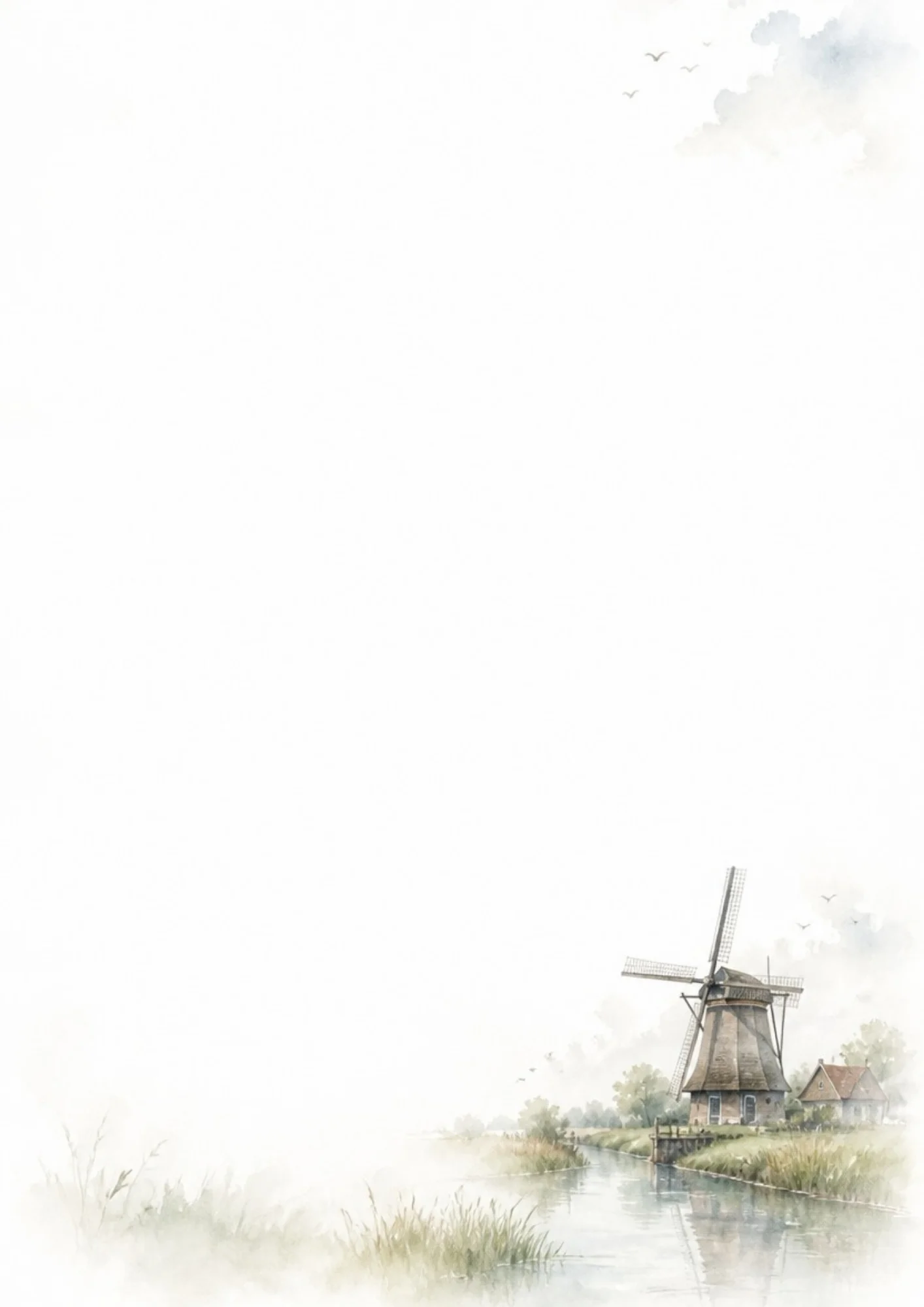 Watercolor painting of a traditional Dutch windmill beside a calm canal, with green grassy banks and a small cottage in the lower right, under a pale sky with soft clouds and flying birds.