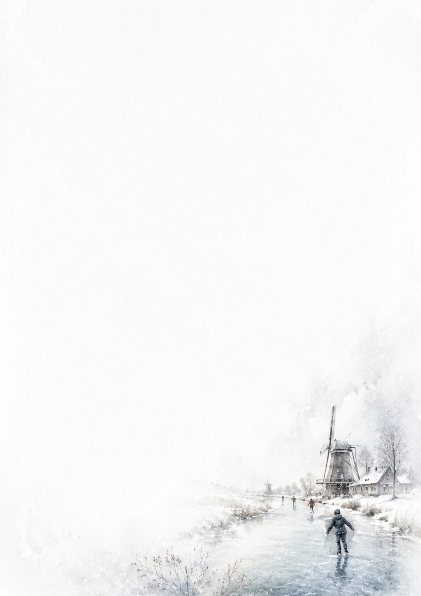 Watercolor painting of people ice skating on a frozen canal in winter, with snow-covered banks, a traditional Dutch windmill, and cottages under a light snowy haze.