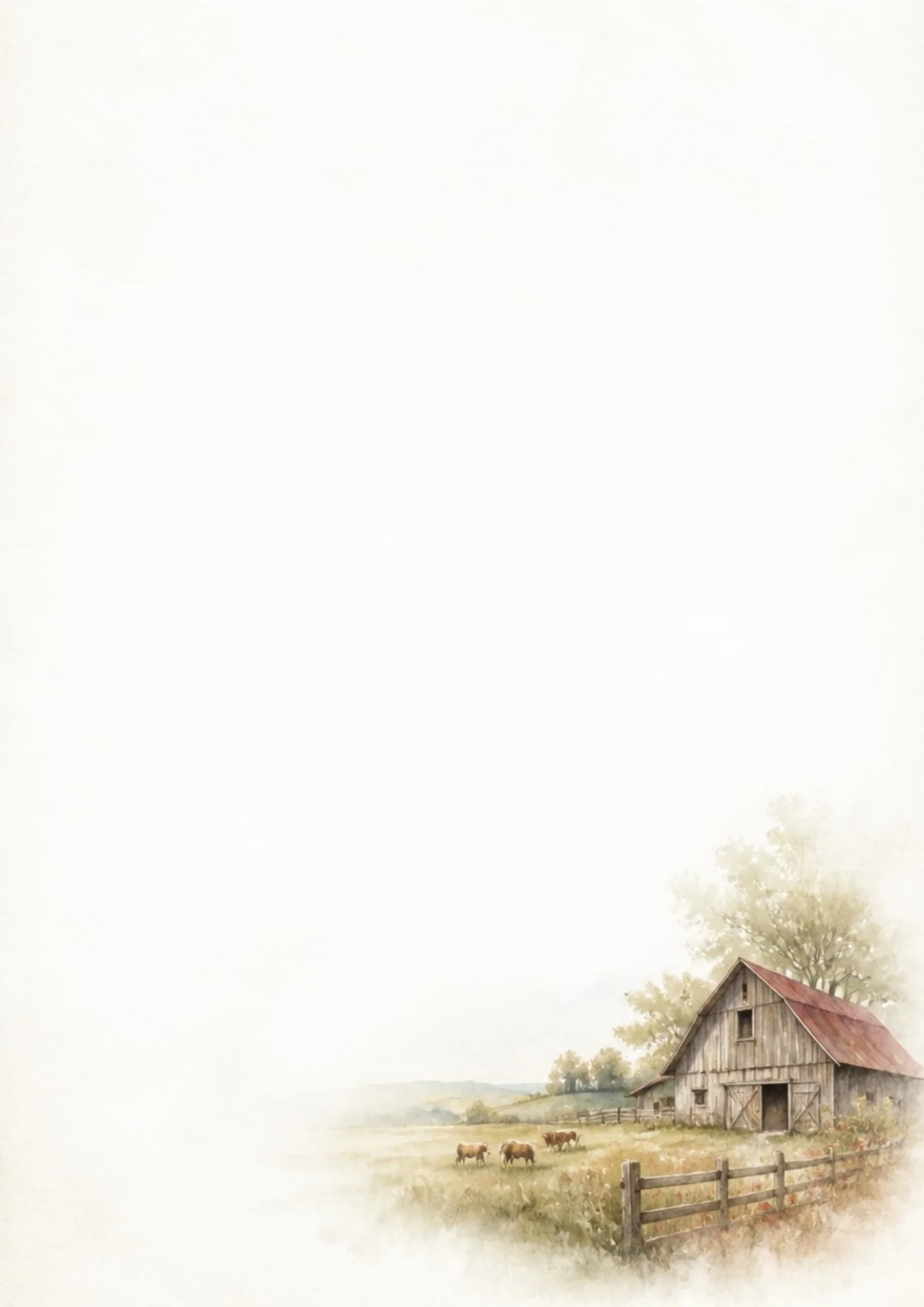Watercolor painting of a weathered wooden barn with a rusty roof, situated next to a field where cows graze behind a split-rail wooden fence.