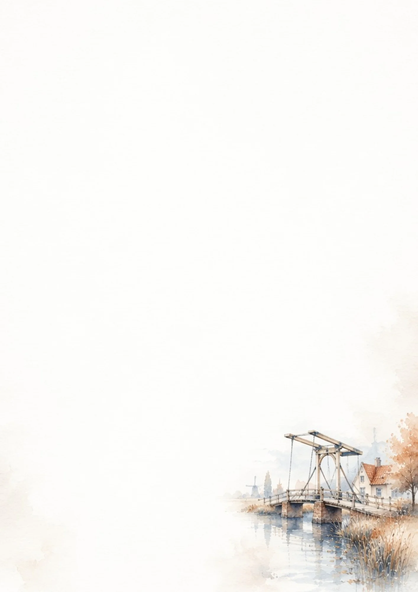 Watercolor painting of a traditional wooden drawbridge over a quiet canal, with a brick cottage nearby and a distant windmill under a pale sky.