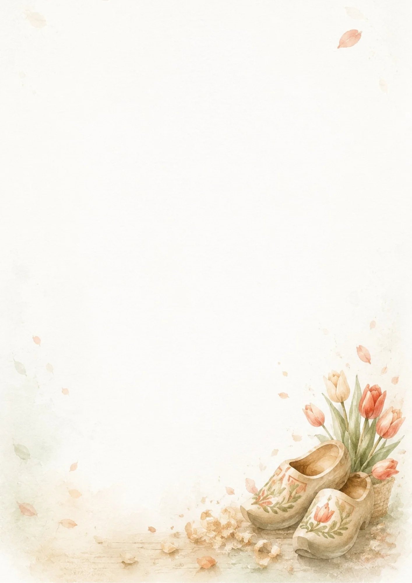 Watercolor painting of a pair of traditional Dutch wooden shoes decorated with painted tulips, set next to a small basket of orange and yellow tulips on a rustic surface.