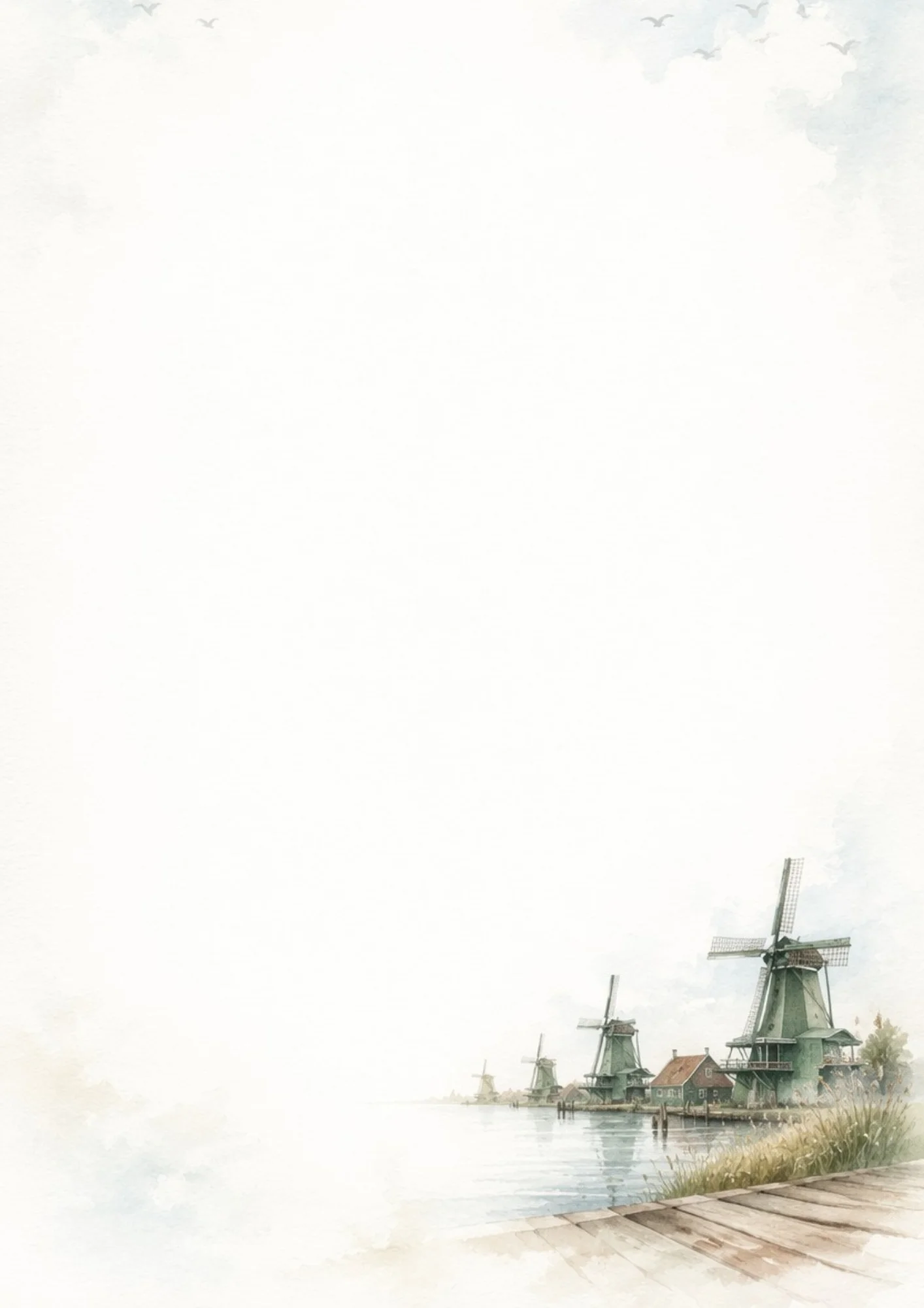 Watercolor painting of a line of green historic windmills along a canal, with a wooden dock path in the foreground and a soft sky.