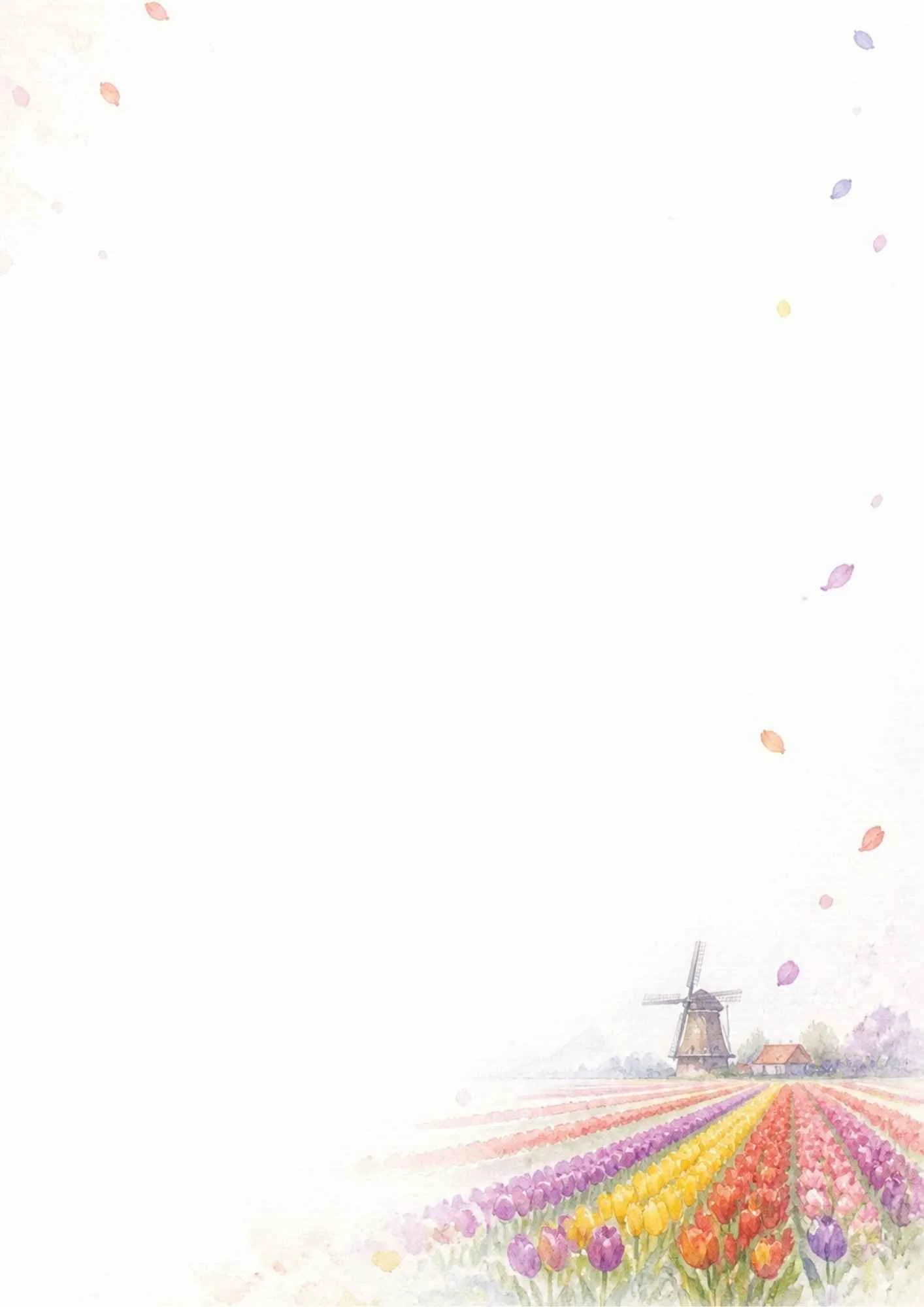 Watercolor painting of expansive rows of red, yellow, and purple tulips leading to a distant windmill under a soft sky.
