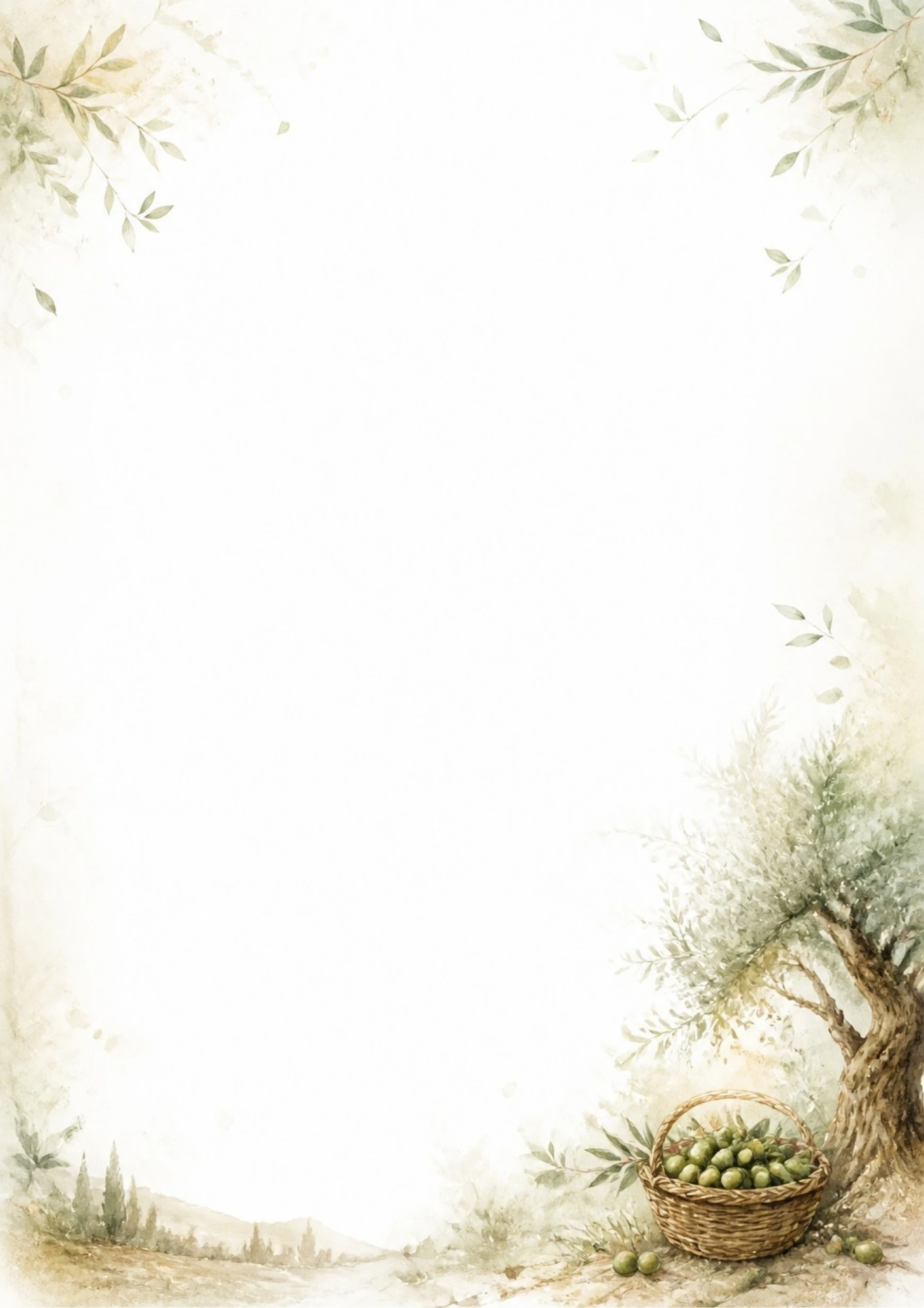 A watercolor illustration of a mature olive tree next to a wicker basket filled with green olives on a soft background.