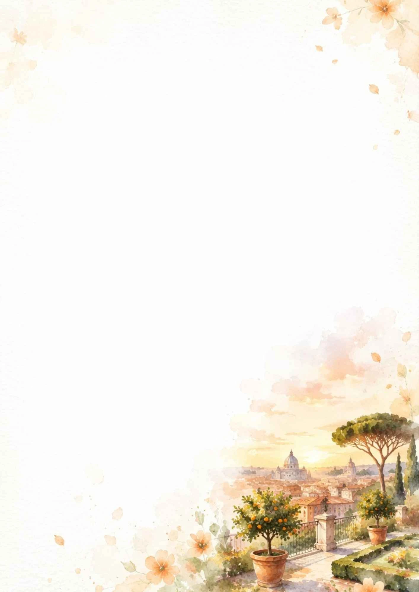 A watercolor painting of a sunset view over Rome from the Orange Garden, featuring orange trees and St. Peter
