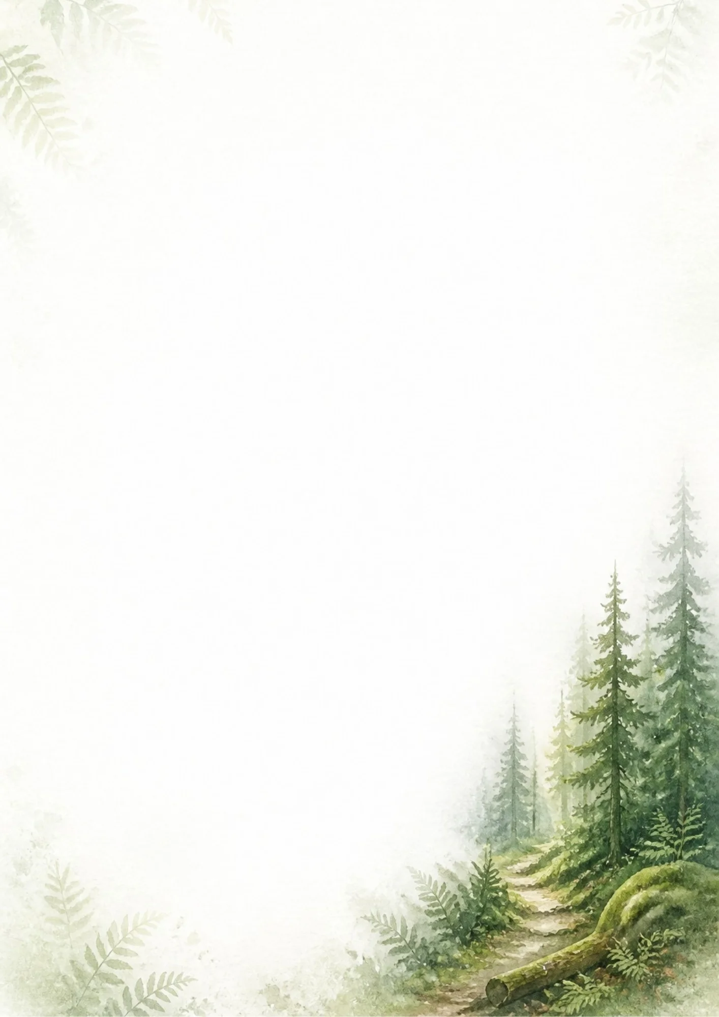 Watercolor digital paper showing a dirt trail winding through a lush Pacific Northwest forest of tall pine trees, green ferns, and a moss-covered fallen log in shades of forest green, olive, and brown.