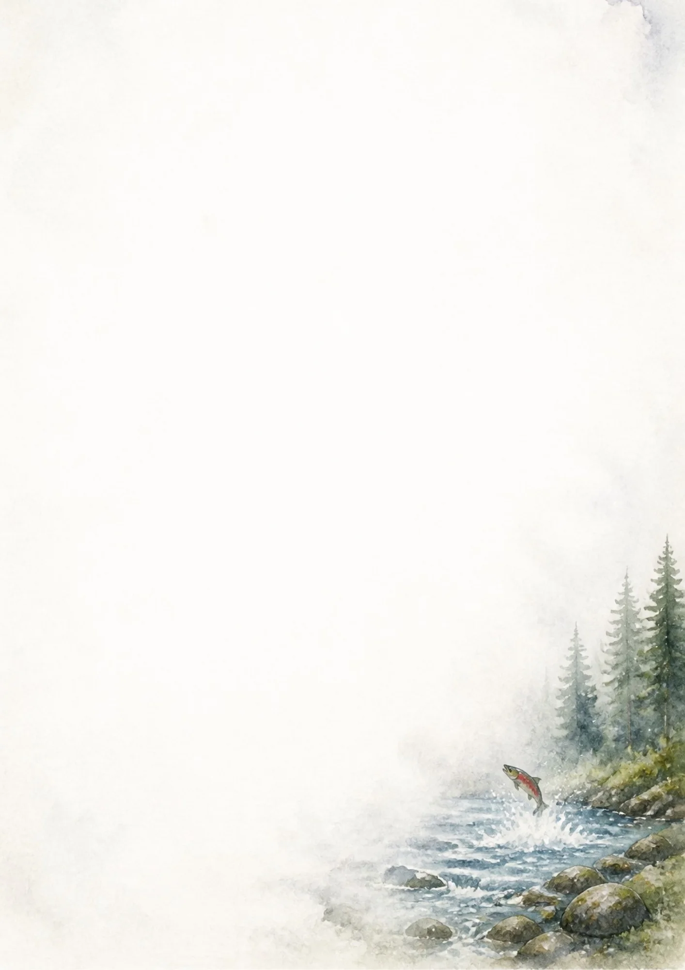 Watercolor digital paper depicting a silvery-pink Pacific salmon leaping out of a rushing river with a white splash, surrounded by river stones and tall evergreen trees.