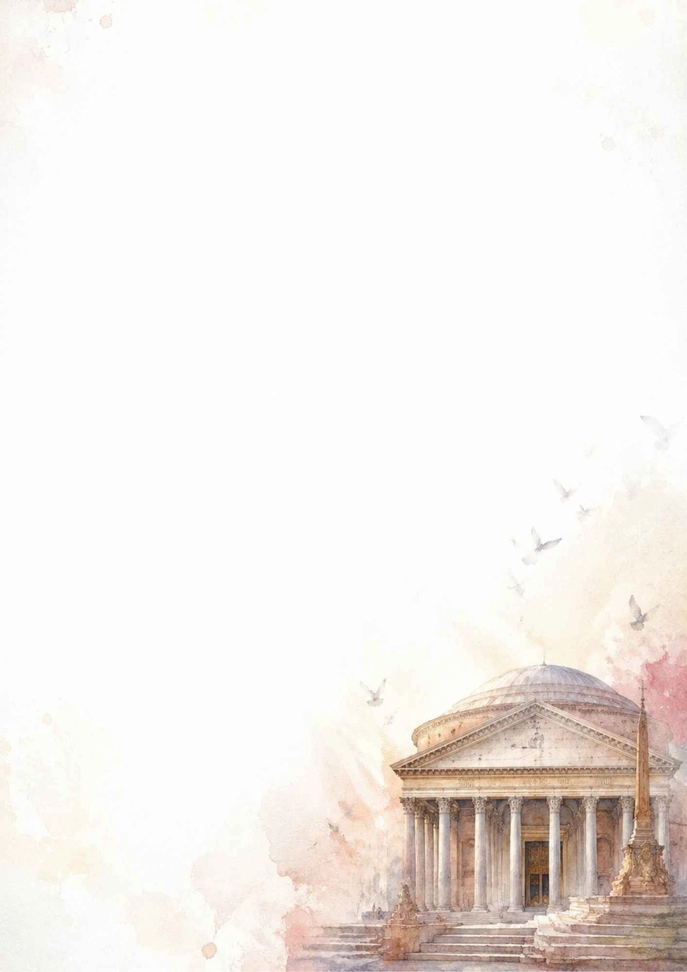 A watercolor painting of the Pantheon in Rome with the obelisk in front and flying birds.