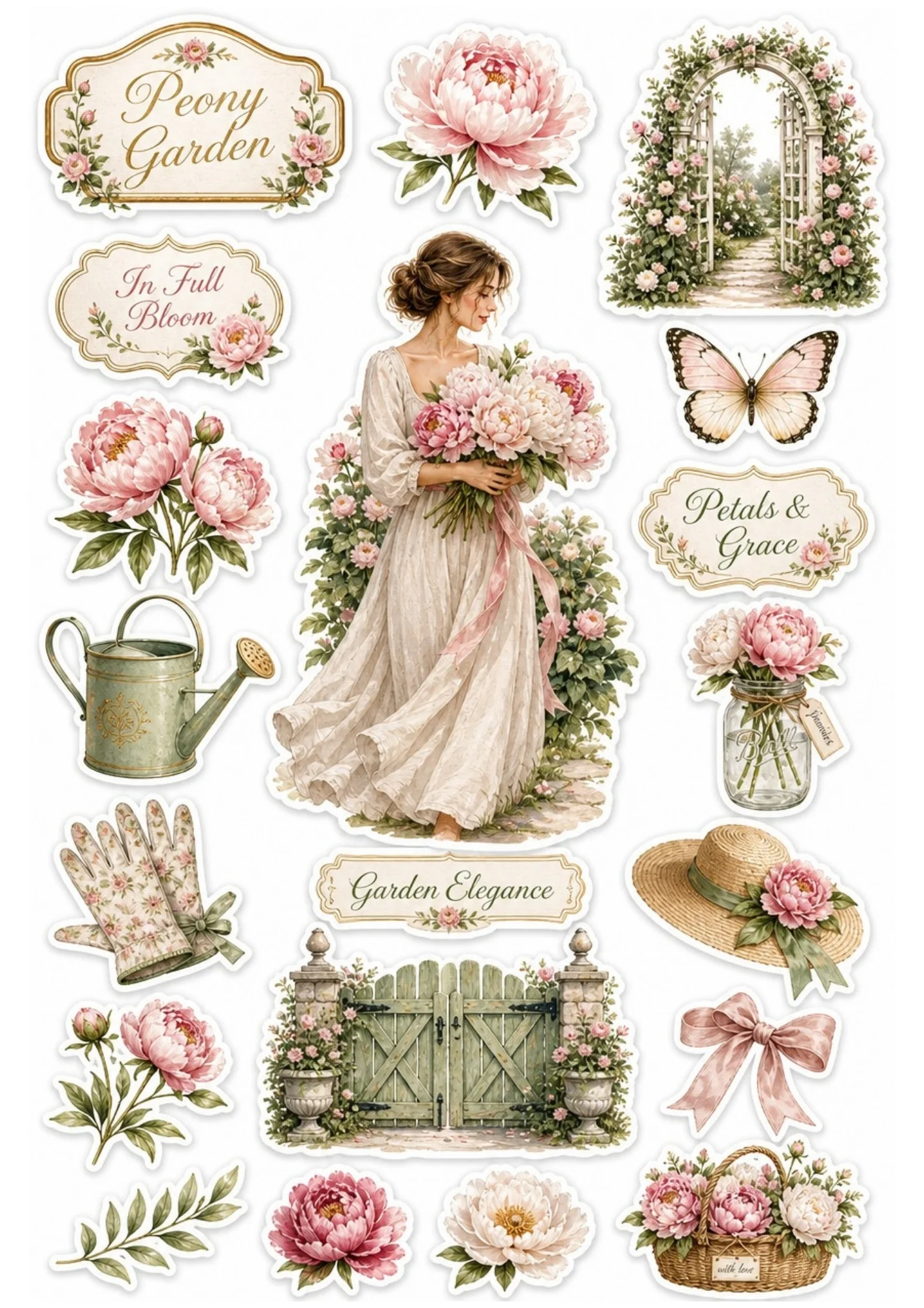 Peony garden sticker sheet featuring a girl holding pink peonies, a green garden gate, and baskets of fresh peonies