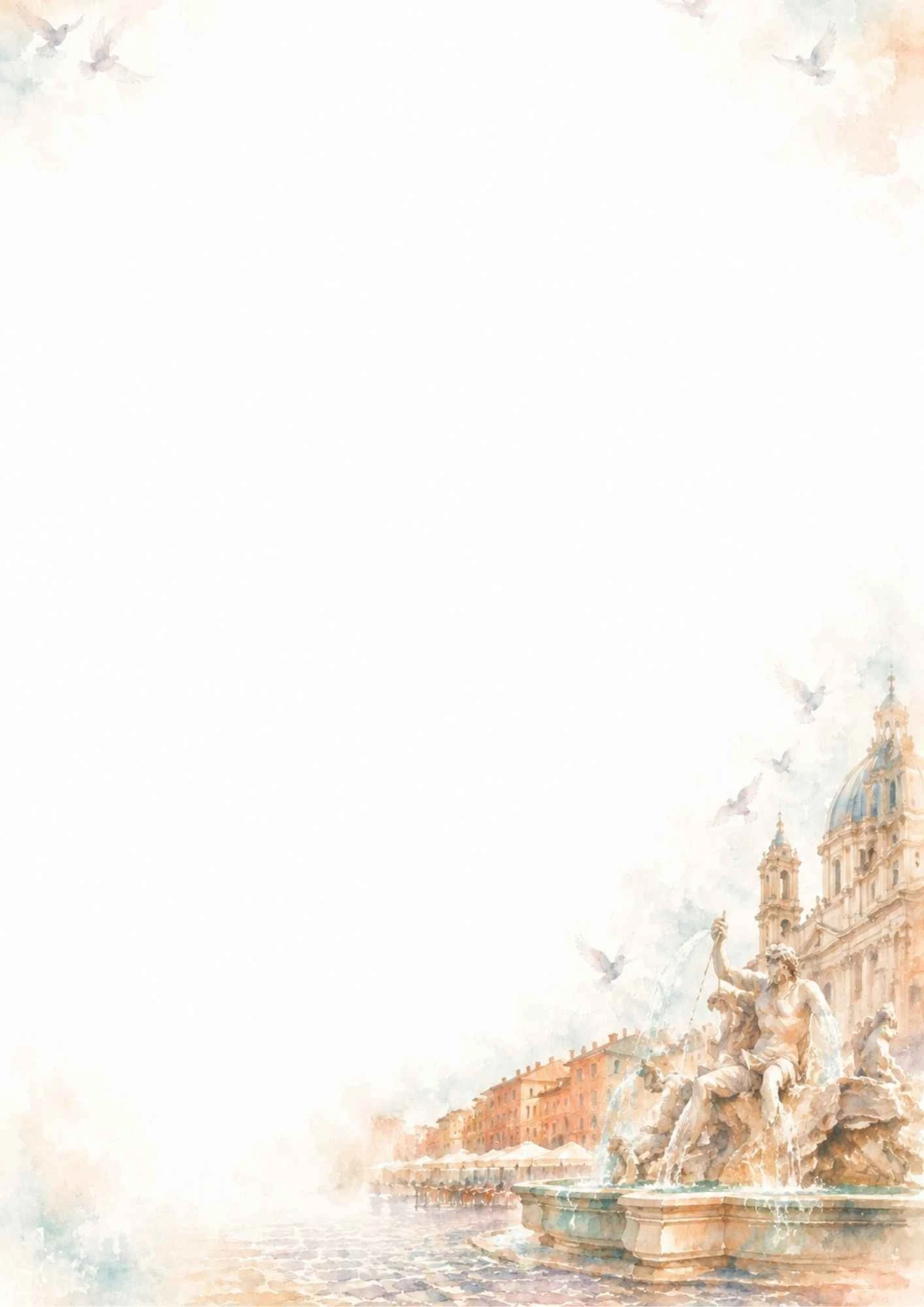 A watercolor painting of the Piazza Navona fountain in Rome with flying pigeons.