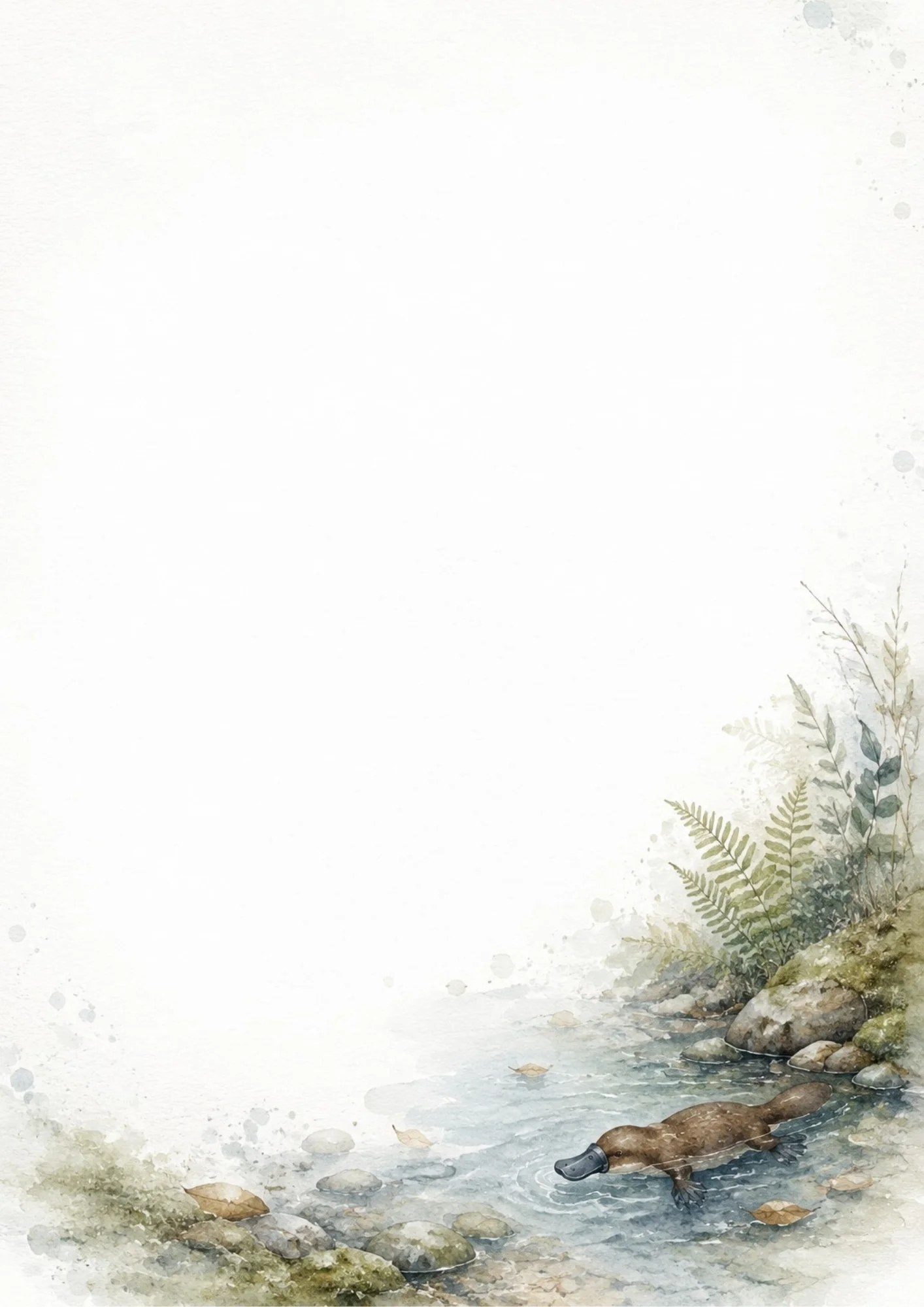 A brown platypus swimming in a clear rocky stream surrounded by green ferns and moss-covered stones.