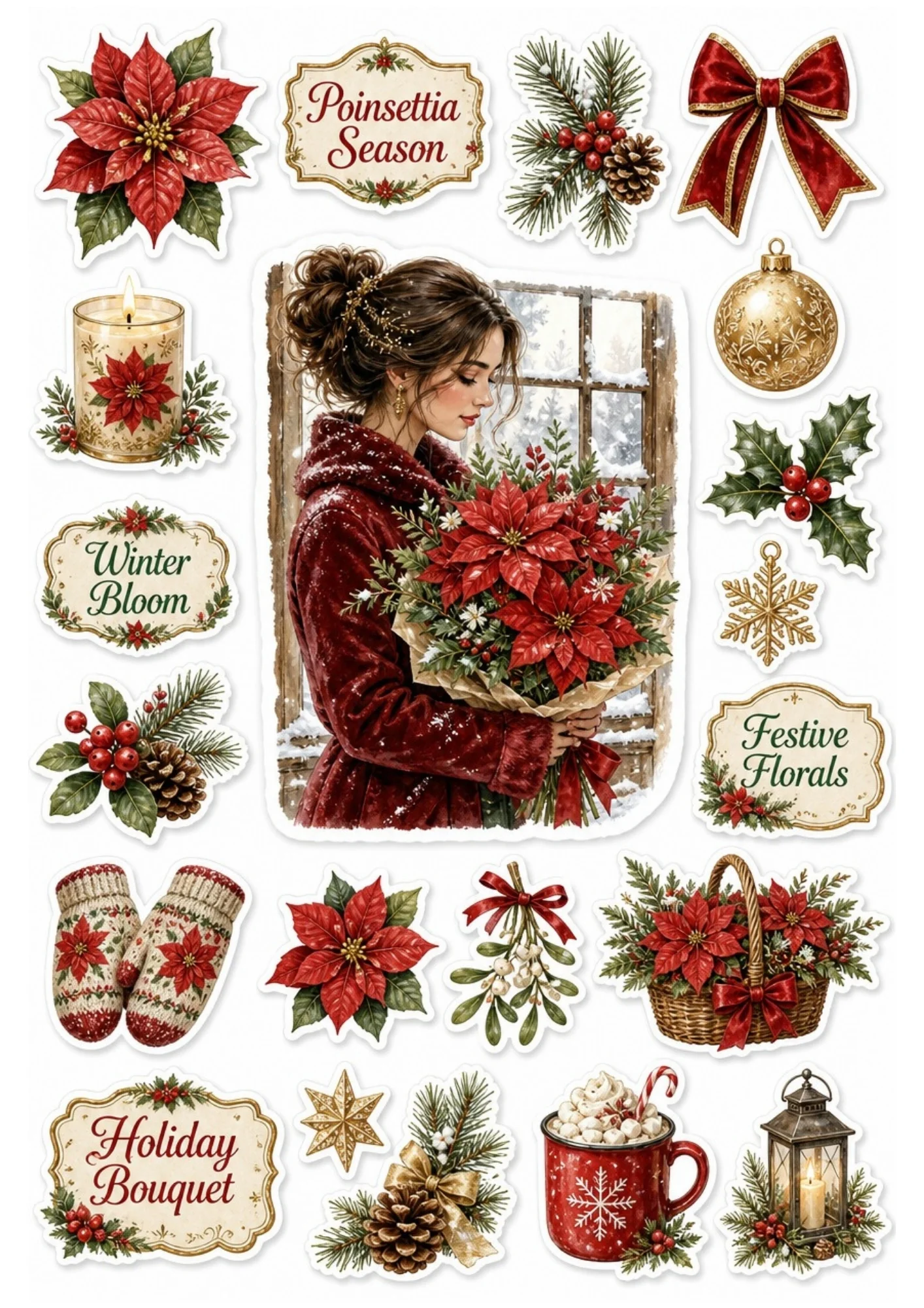 Holiday sticker sheet showing a girl holding red poinsettias, a window looking out at snow, a red mug with a candy cane, and a poinsettia basket