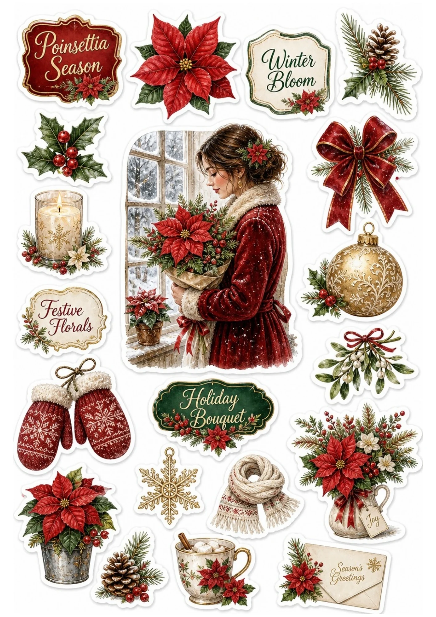 Holiday sticker sheet featuring a girl in a red coat with a poinsettia bouquet, a knitted scarf, a cocoa mug, and a gold snowflake