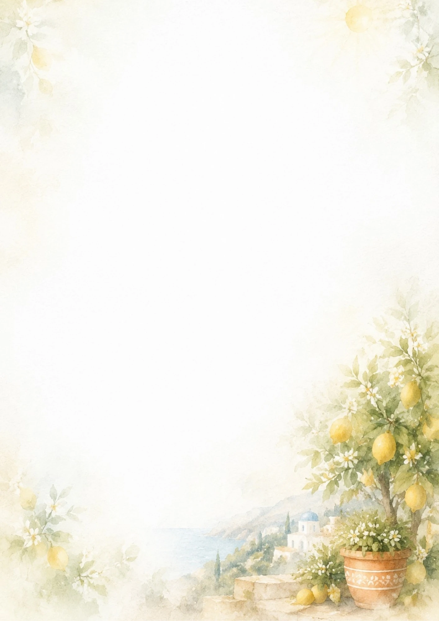 A watercolor illustration of a lemon tree in a clay pot filled with yellow lemons and white flowers, with the coast in the background.