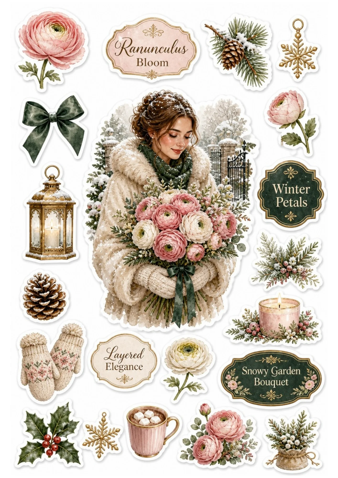 Winter floral sticker sheet showing a girl in a cozy white coat with a pink ranunculus bouquet, cozy knit mittens, hot chocolate, lanterns, and snowy pine branches