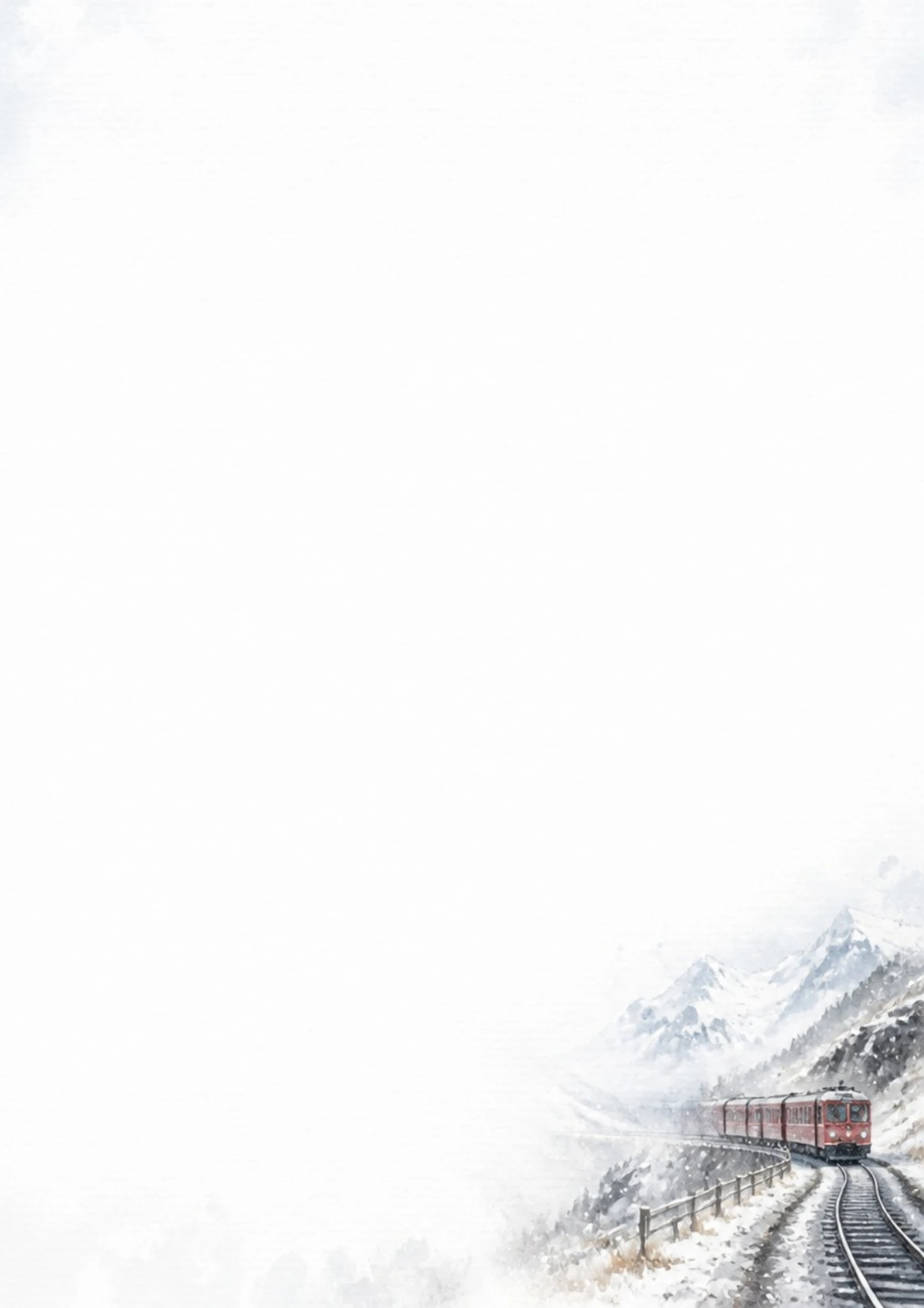 A watercolor illustration of a red passenger train curving along tracks covered in white snow.