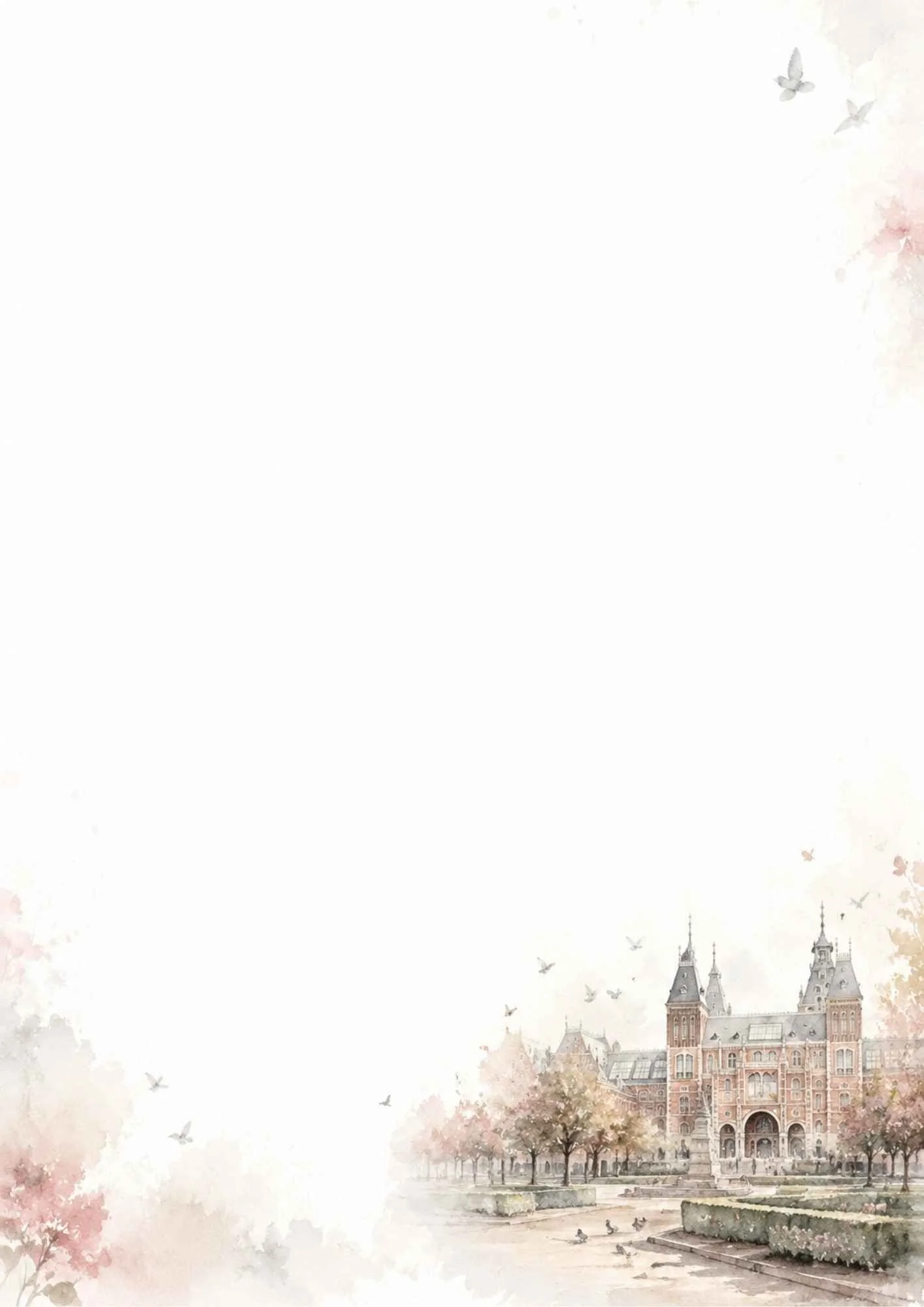 Watercolor illustration of the grand Rijksmuseum building facade with towers, manicured hedges, and flying pigeons.