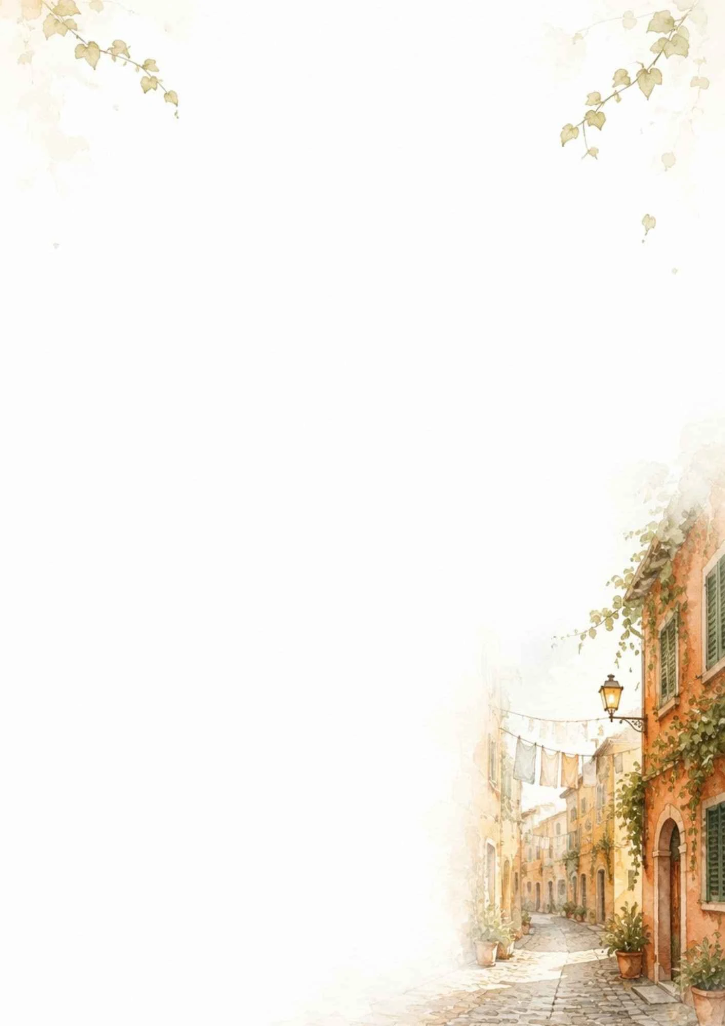 A watercolor painting of a narrow Roman street with orange buildings, climbing ivy, a street lamp, and drying laundry.