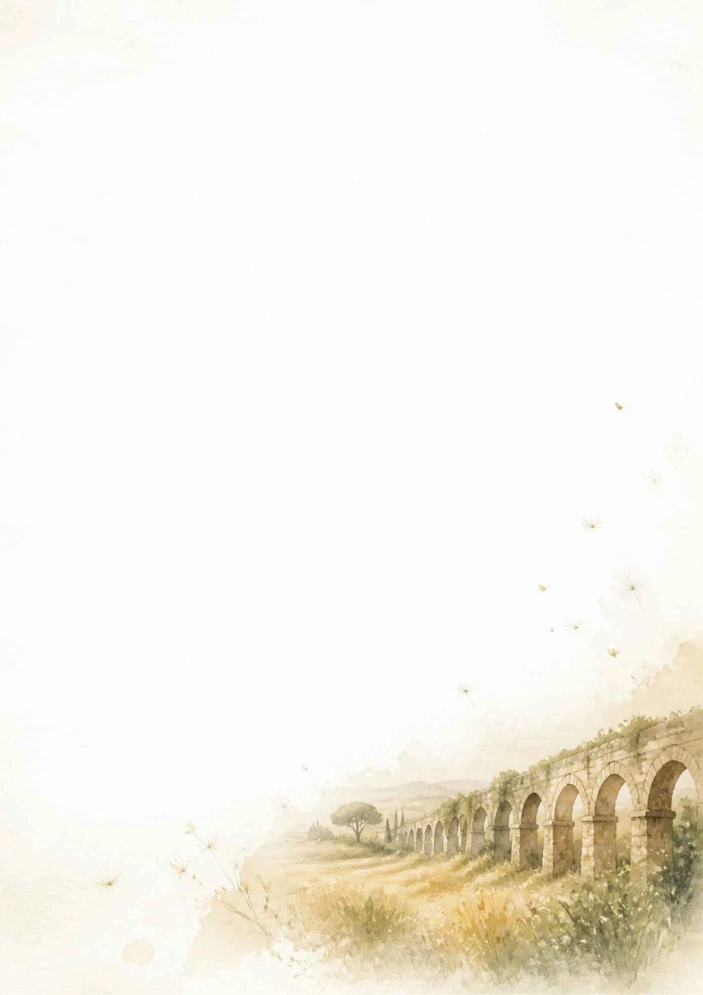 A watercolor painting of an ancient Roman aqueduct stretching across a grassy field under blowing dandelion seeds.