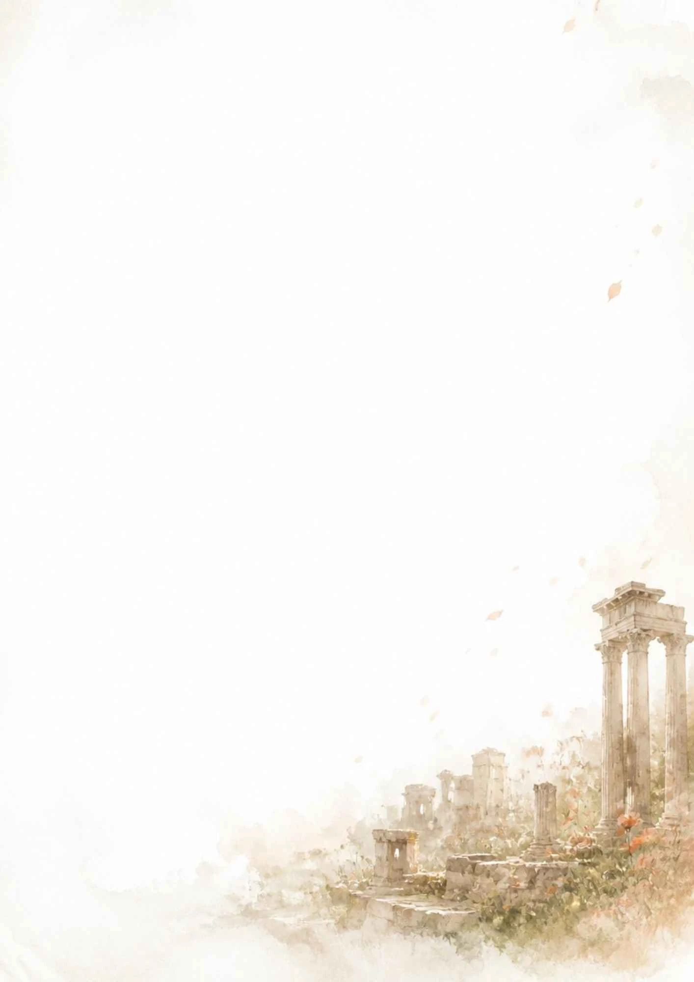 A watercolor painting of Roman Forum columns surrounded by red poppies and falling leaves.