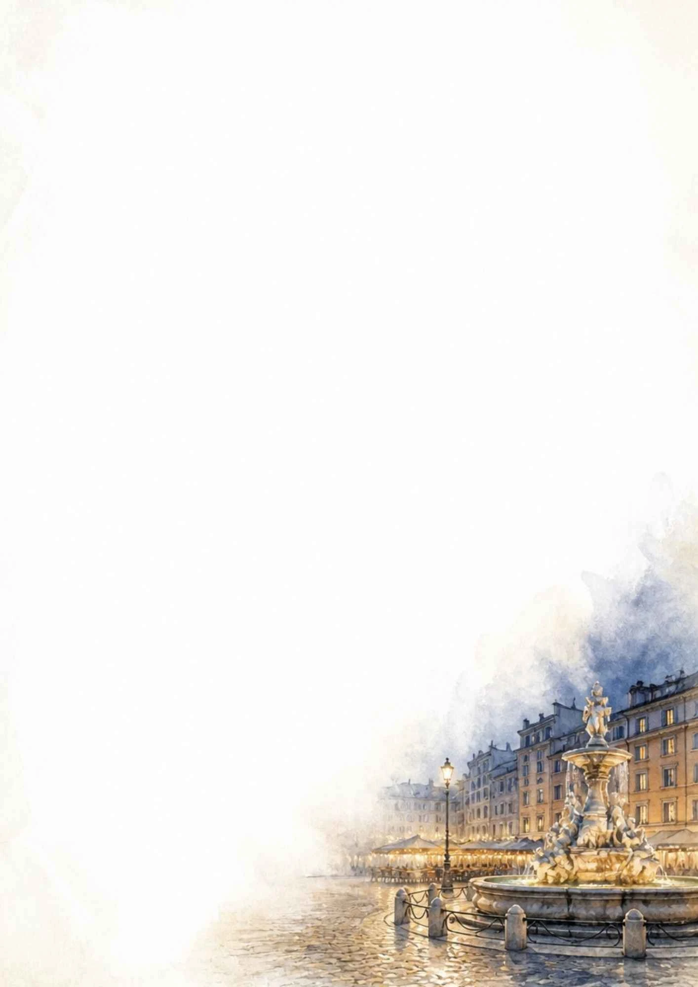 A watercolor painting of a Roman square at night with an illuminated fountain, glowing lampposts, and cafe tables.