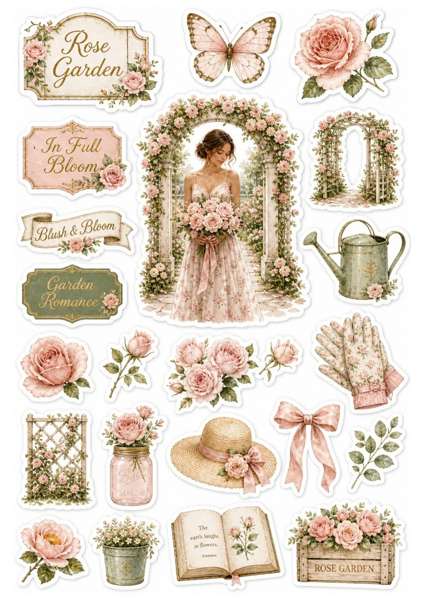 Pink rose garden sticker sheet showing a girl standing under a rose arch, an open book, and crates of pink roses