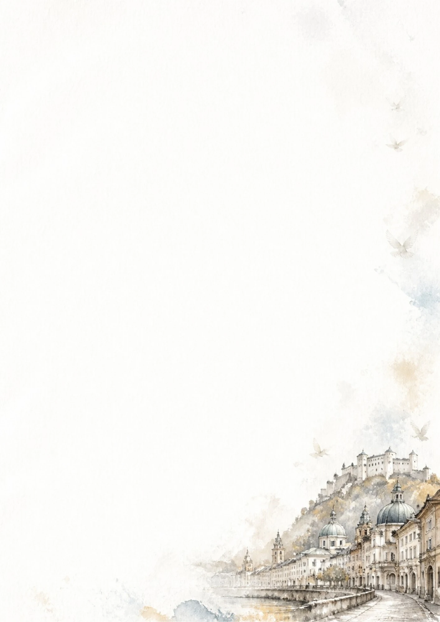 A watercolor depiction of Salzburg Cathedral domes and the Hohensalzburg Fortress on a hill above the Salzach River.