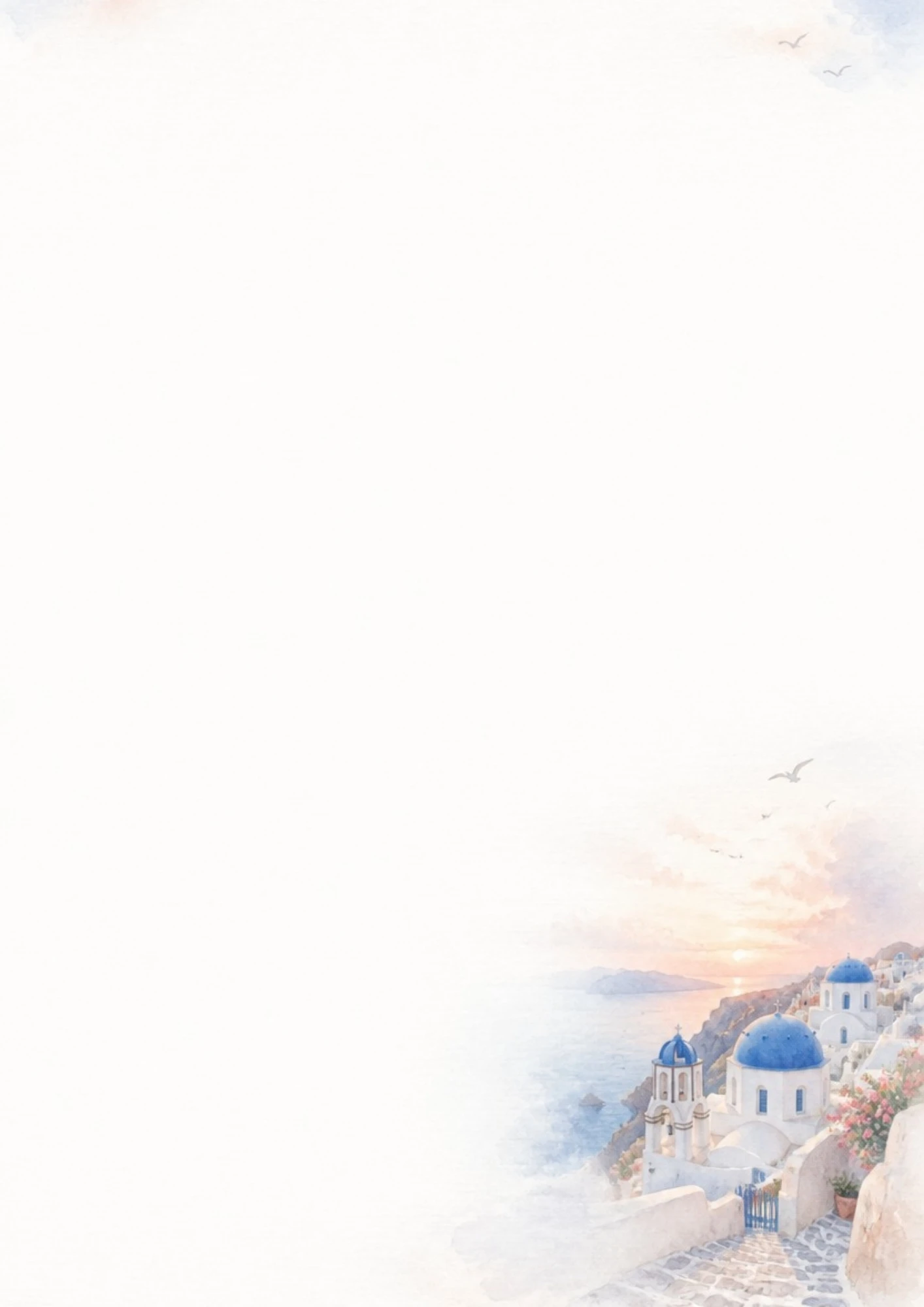 A watercolor painting of a blue-domed church and white houses on a Santorini cliffside, overlooking the sea at sunset.