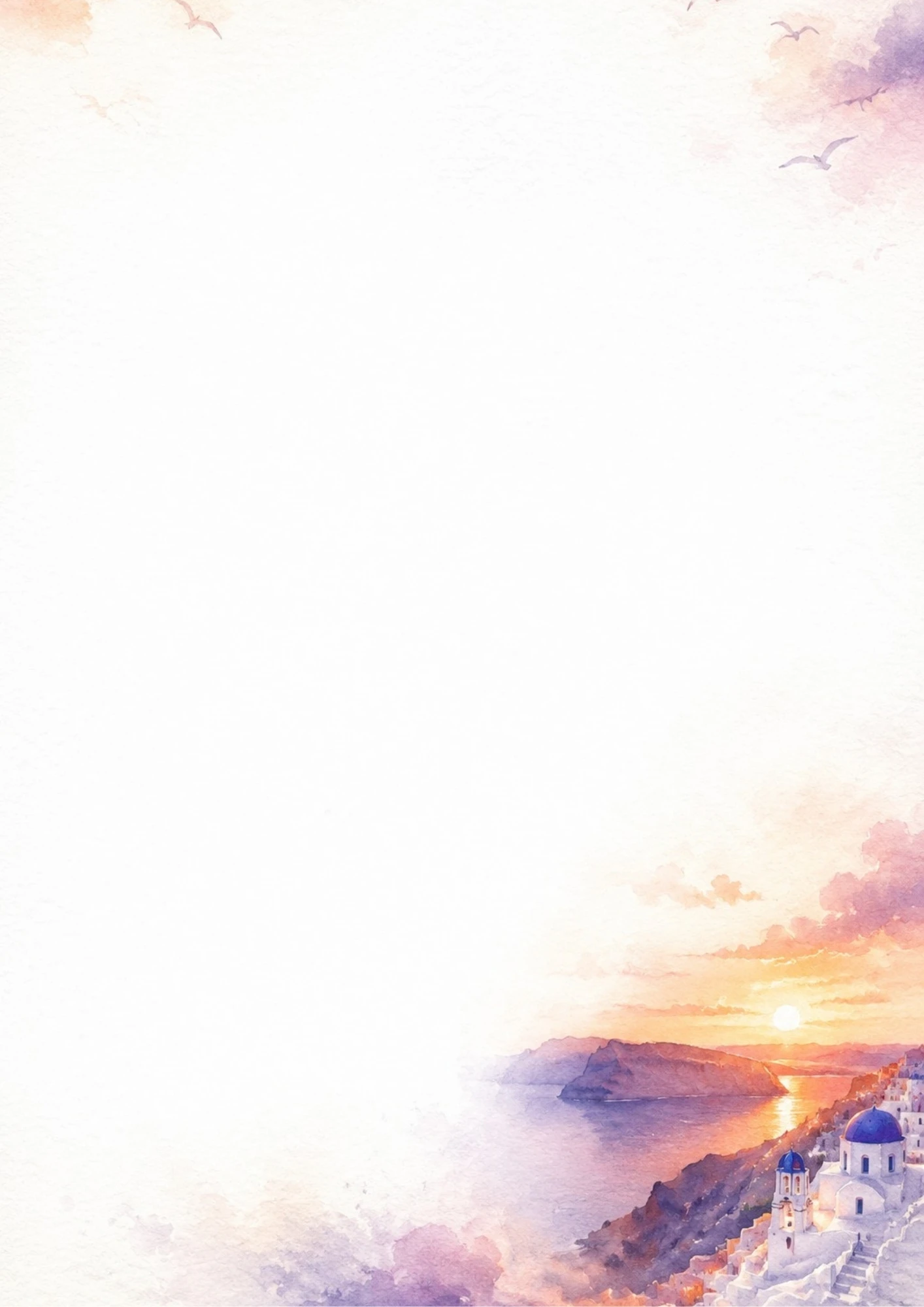 A watercolor painting of a golden sunset over the Santorini caldera cliffs and blue dome buildings.