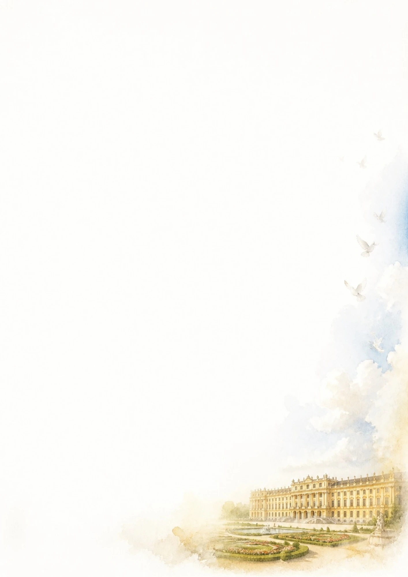 A watercolor illustration of Schonbrunn Palace in Vienna with white doves flying in a soft cream-colored sky.