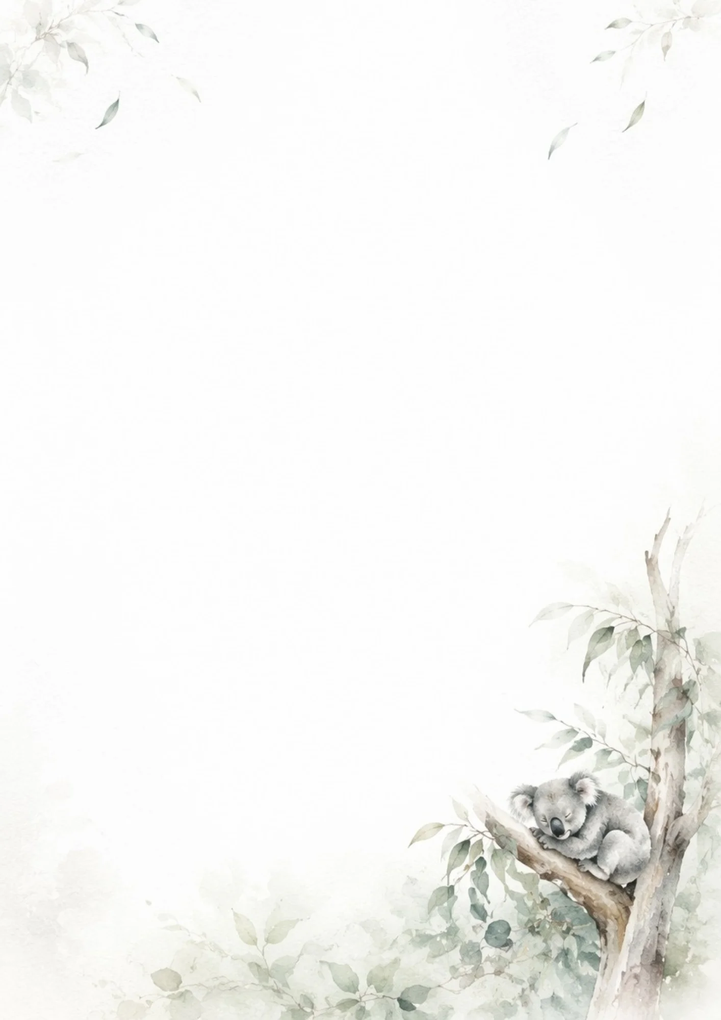 A cute grey koala sleeping peacefully on a branch of a eucalyptus tree surrounded by soft sage green leaves.