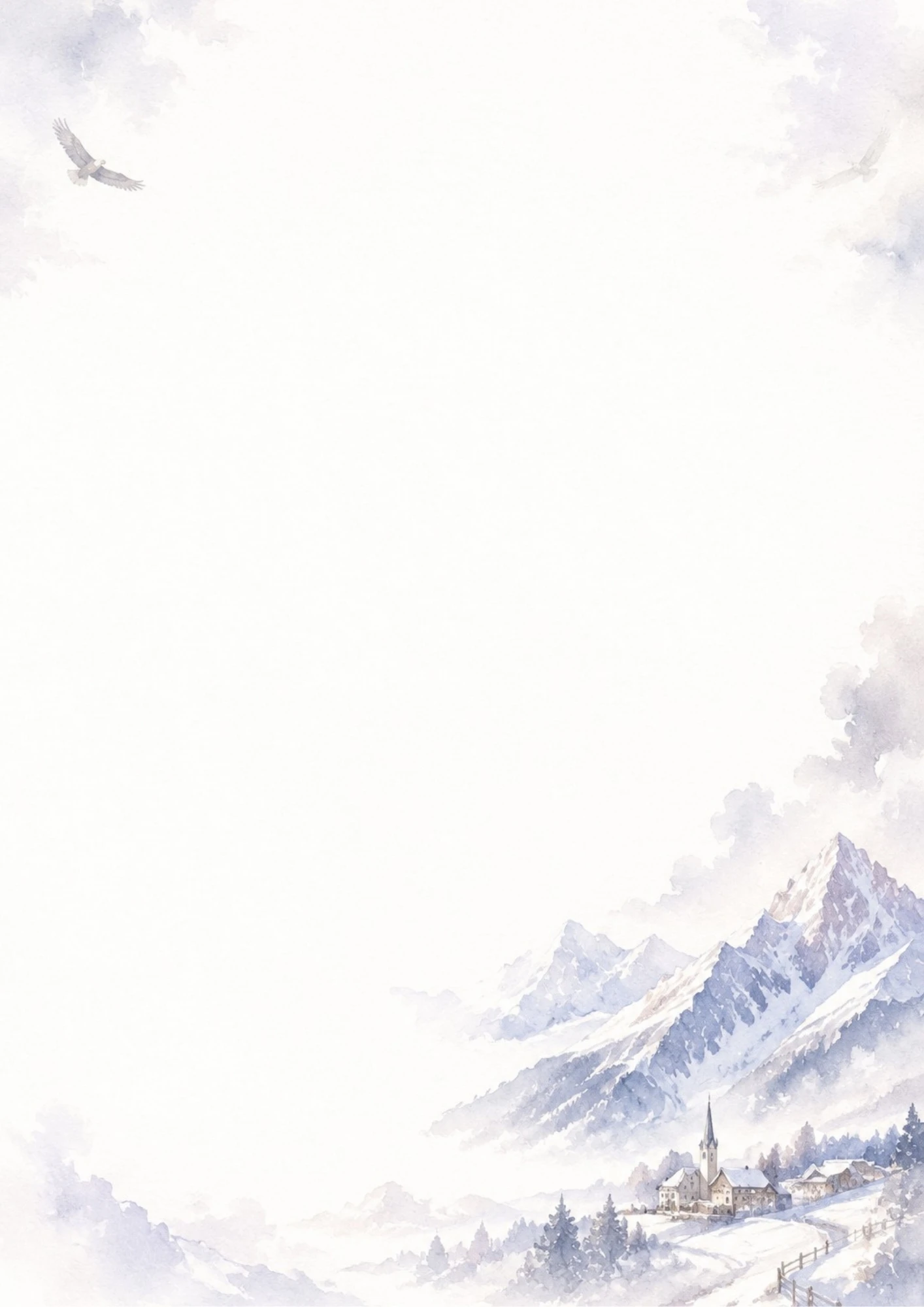 A watercolor painting of snow-covered Austrian Alps and a quiet alpine village with a church spire and a soaring eagle.