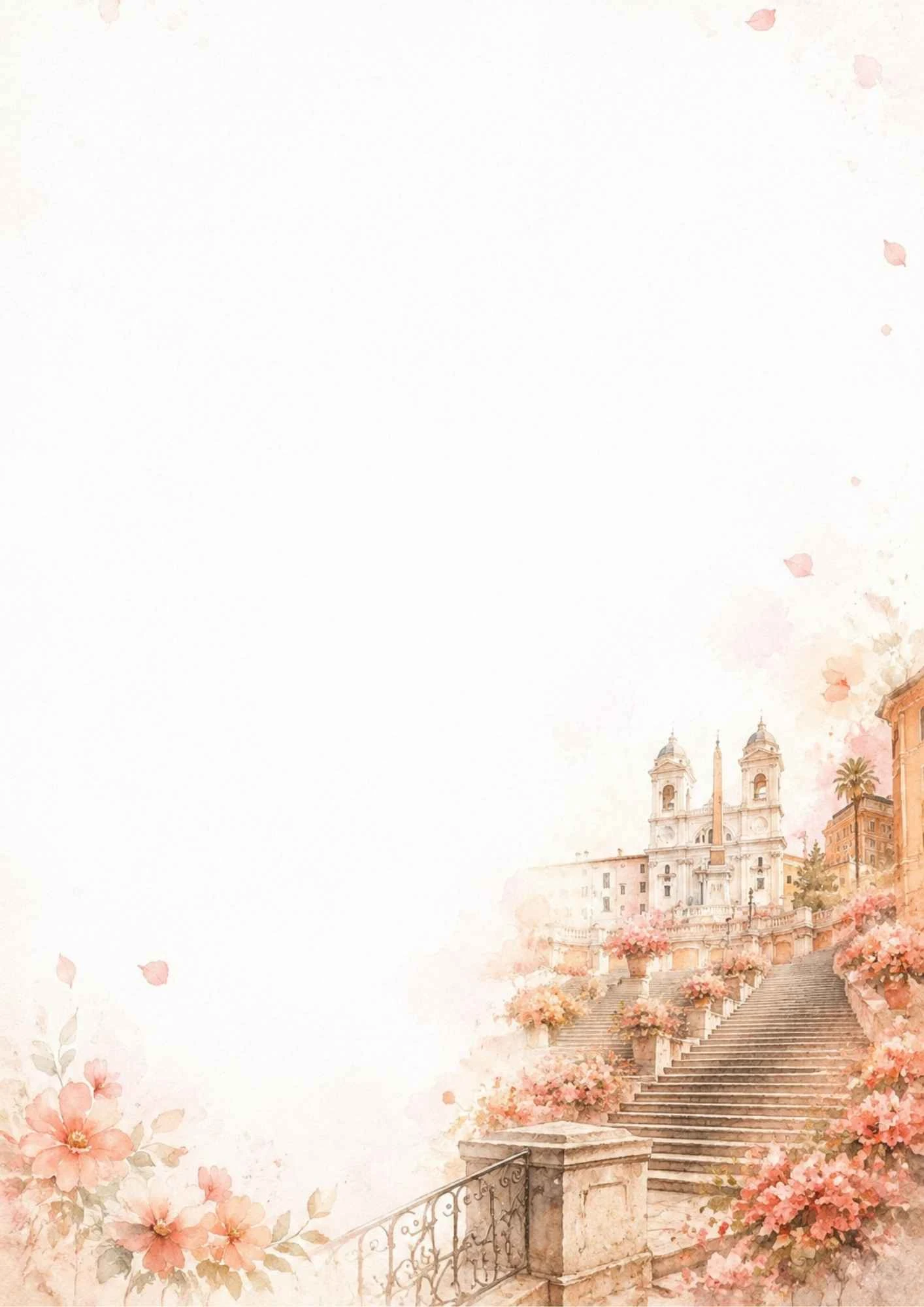 A watercolor painting of the Spanish Steps in Rome lined with pink flowers.