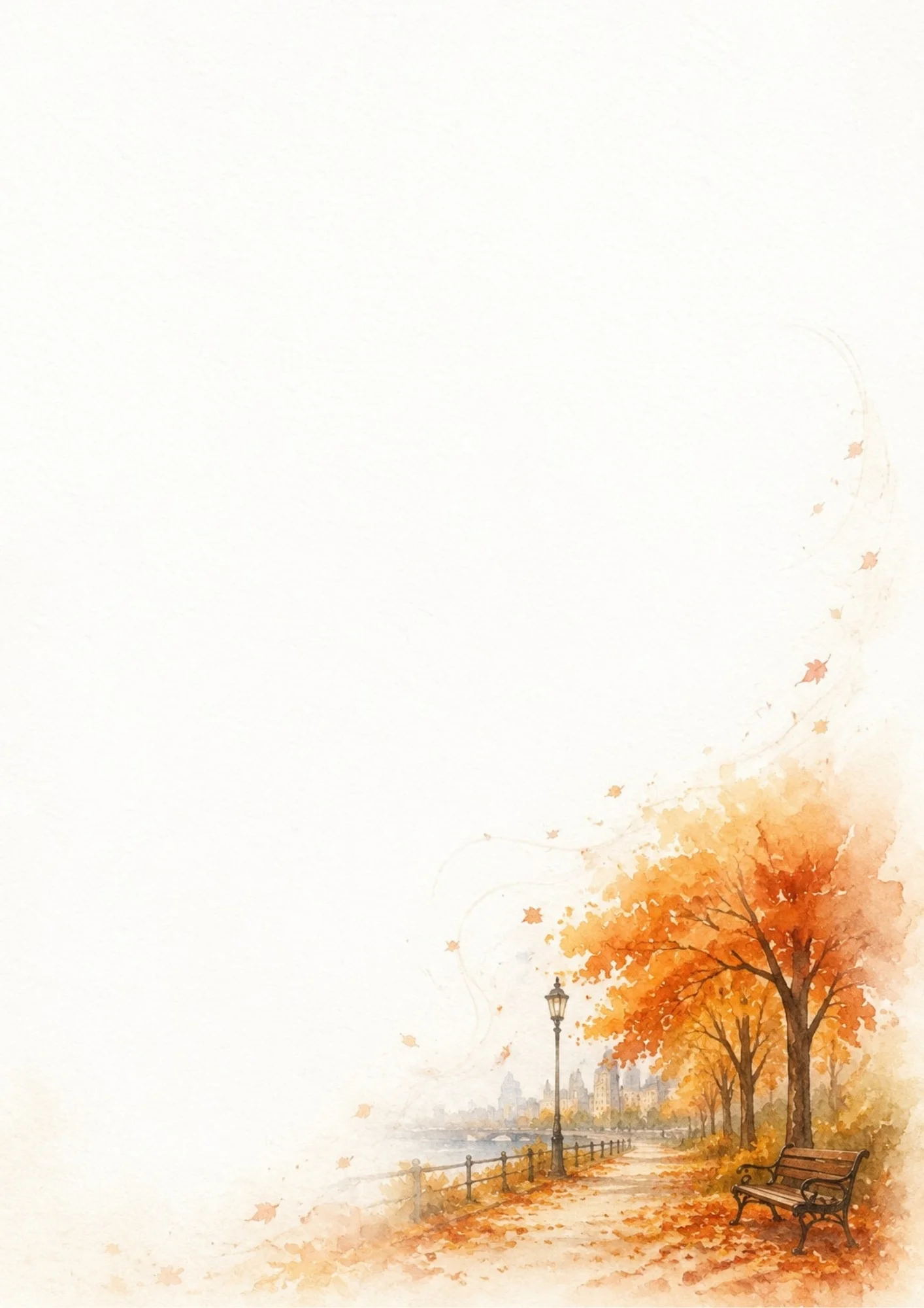 Watercolor digital paper showing a wooden park bench under vibrant orange and yellow autumn maple trees with leaves swirling in the breeze next to a street lamp and paved walkway.