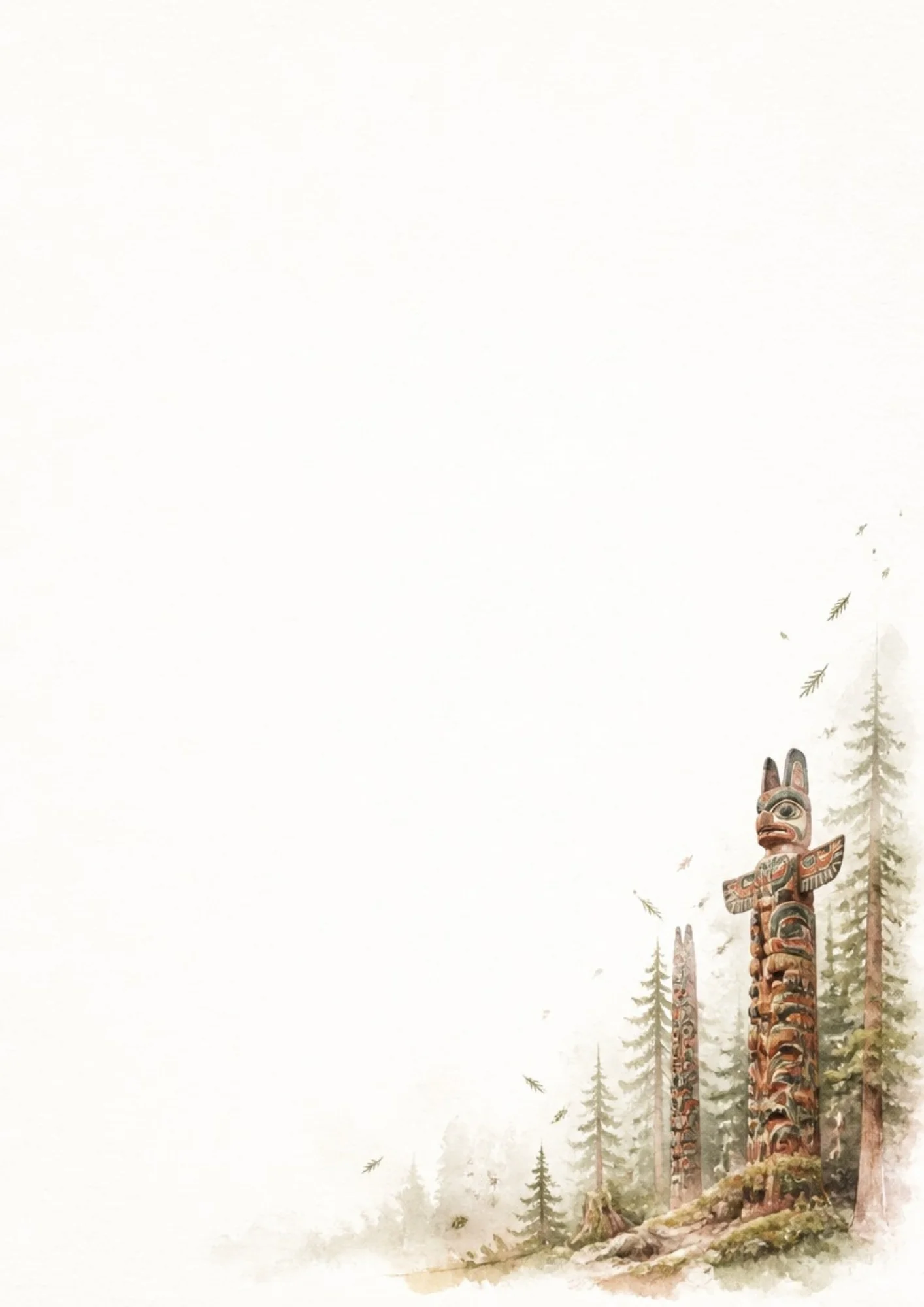 Watercolor digital paper showing two detailed indigenous totem poles standing on a grassy mound surrounded by tall evergreen forest trees and falling pine needles, painted in warm earth tones of red-brown, gold, and forest green.