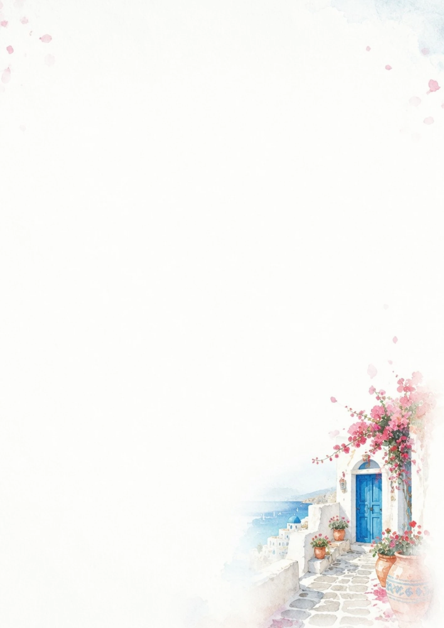 A watercolor painting of a stone pathway leading to a bright blue wooden door with pink bougainvillea flowers.