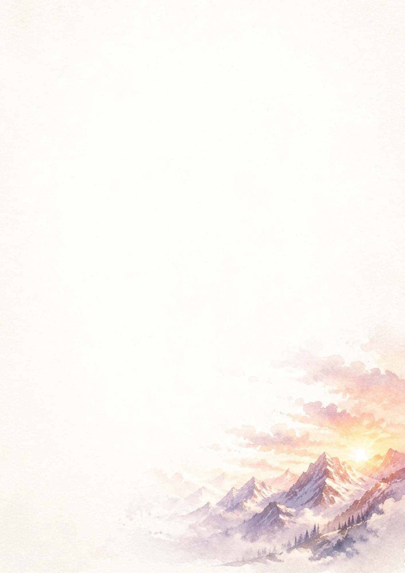 A watercolor painting of the sun setting behind snow-covered mountain peaks with pink and orange clouds.
