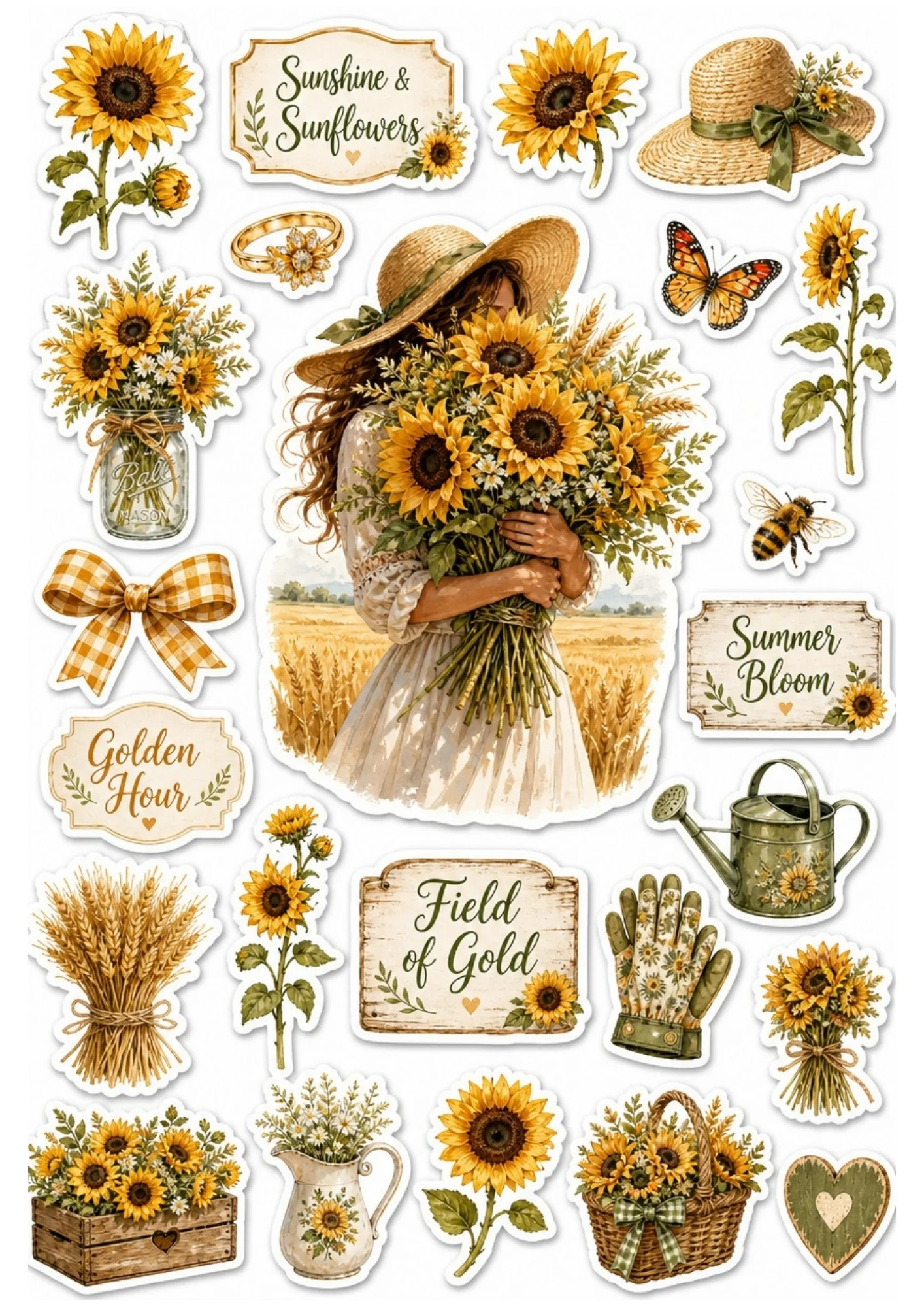Golden hour sunflower sticker sheet showing a girl holding sunflowers and wheat, a butterfly, a bee, and a watering can