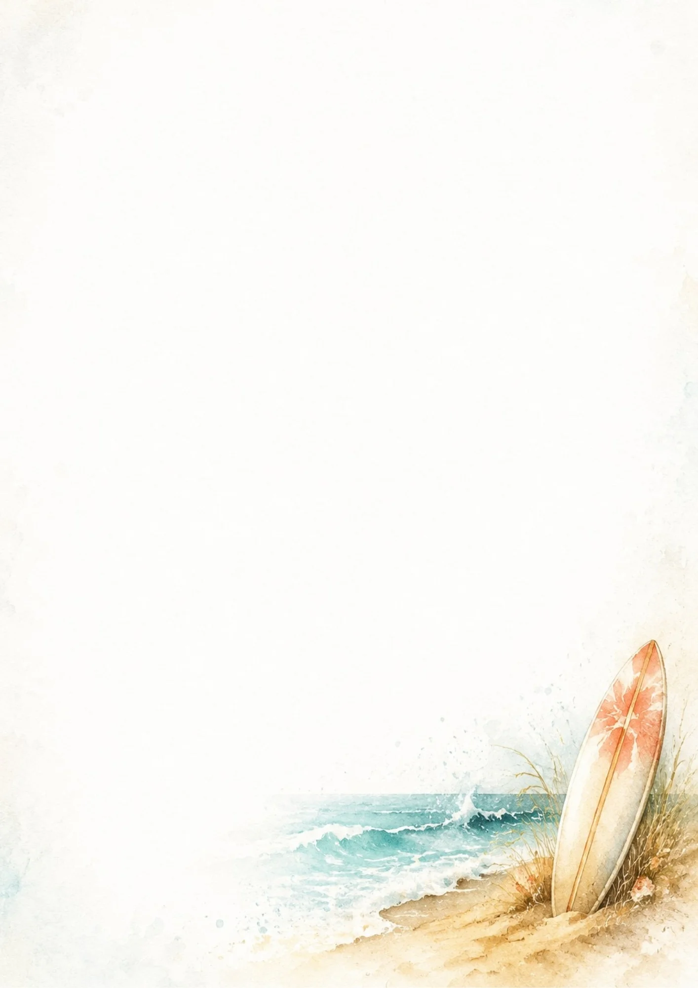 A vintage surfboard with a sun pattern standing in the sand dunes next to dry beach grass with ocean waves in the background.