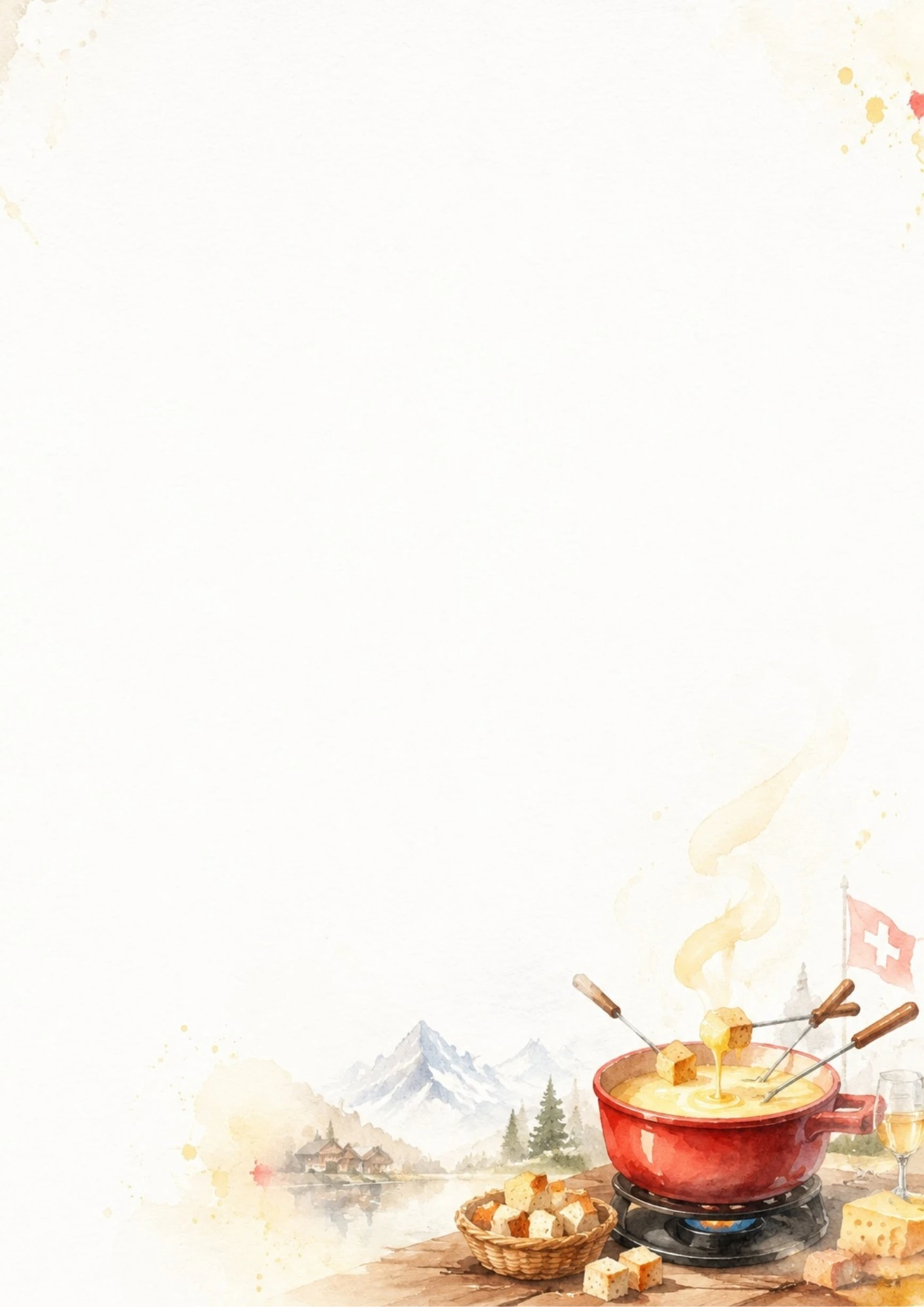 A watercolor illustration of a red fondue pot with forks, bread cubes, Swiss cheese with holes, and a tiny Swiss flag.